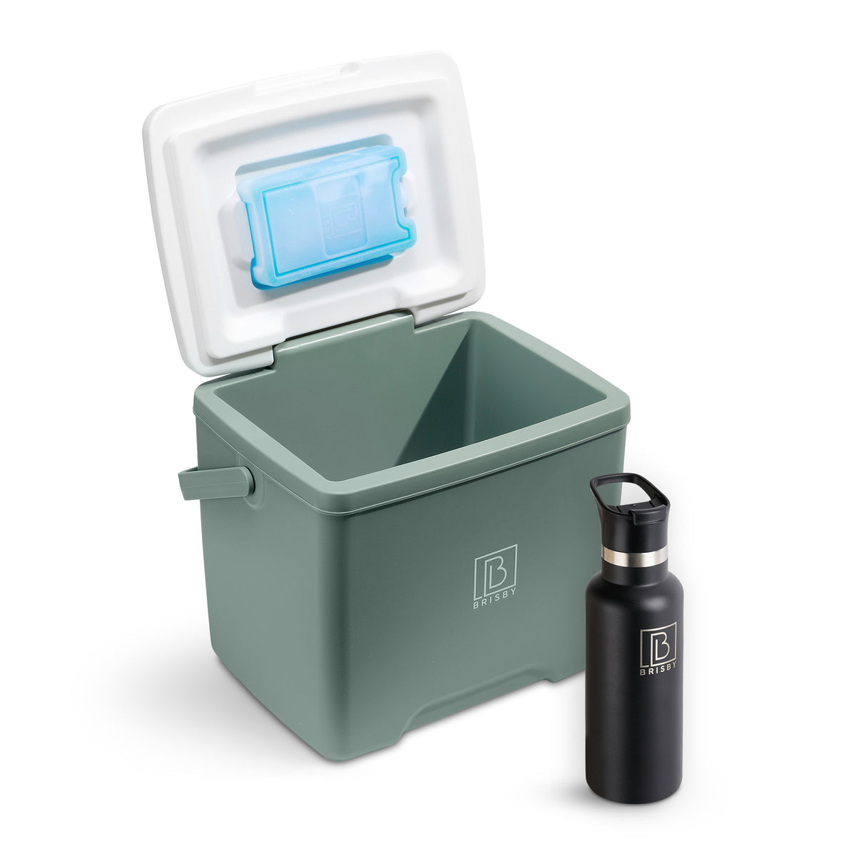Brisby Koelbox - Frigobox - 13L- Groen - Tot maximaal 40 uur isolatie - Incl. 2 dikke koelelementen van 450ml - Met koelelementen vergrendeld in deksel en Brisby 500ml Zwarte Dubbelwandige Thermosfles