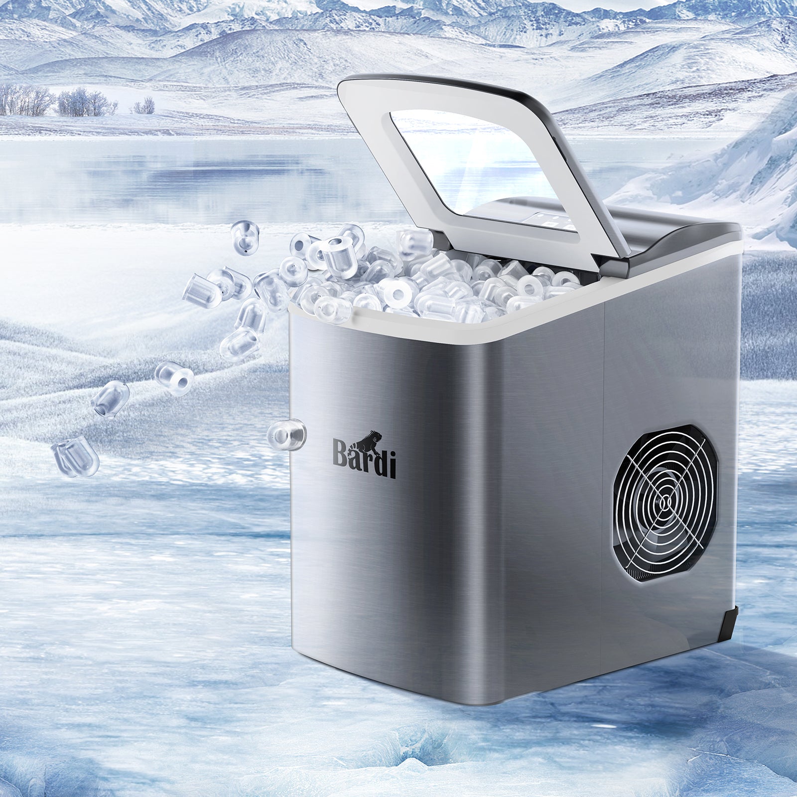 Bardi Deluxe Ice Cube Machine 2L Stainless Steel - Self-cleaning function - Ice cube maker with ice scoop - Incl. luxury thermos cup and ice scoop