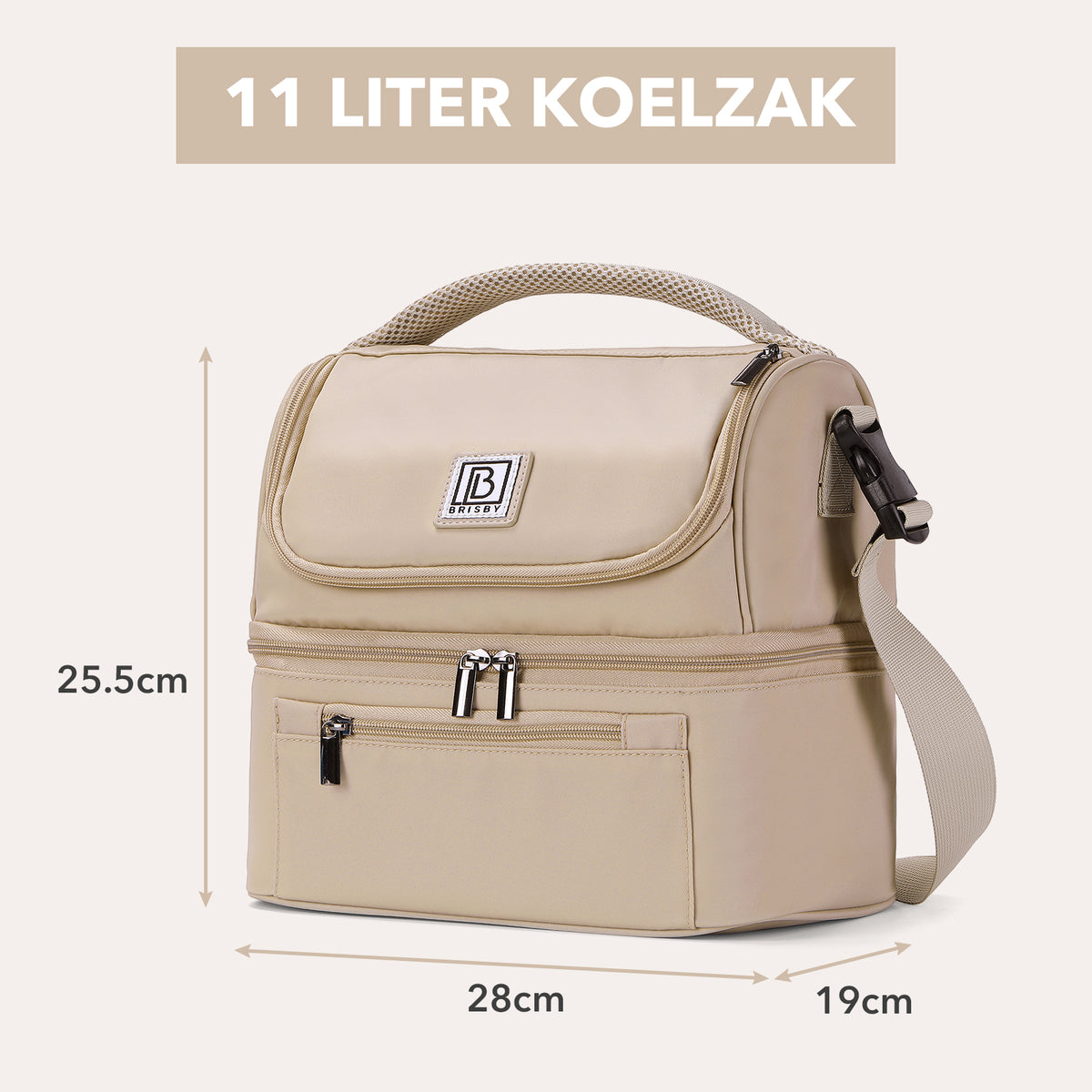Brisby Koeltas 11 Liter - Lunchtas - Inclusief 2 Koelelementen - Dubbel Compartiment - 4-Laags Geïsoleerd - Waterafstotend - Natural Champagne