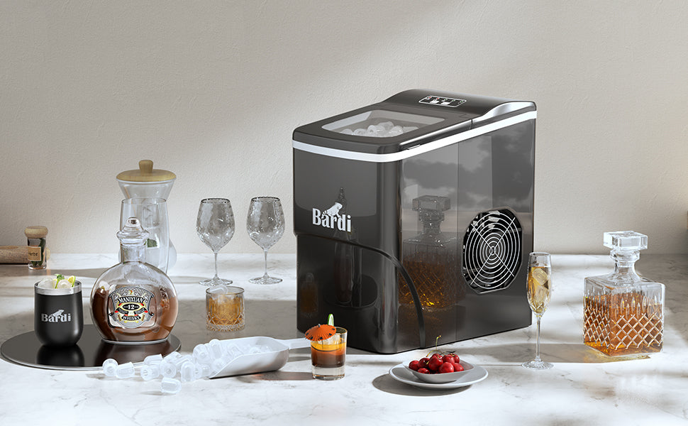 Bardi Deluxe Ice Cube Machine 2L black - Self-cleaning function - ice cube maker with ice scoop - Incl. luxury thermos cup and ice scoop