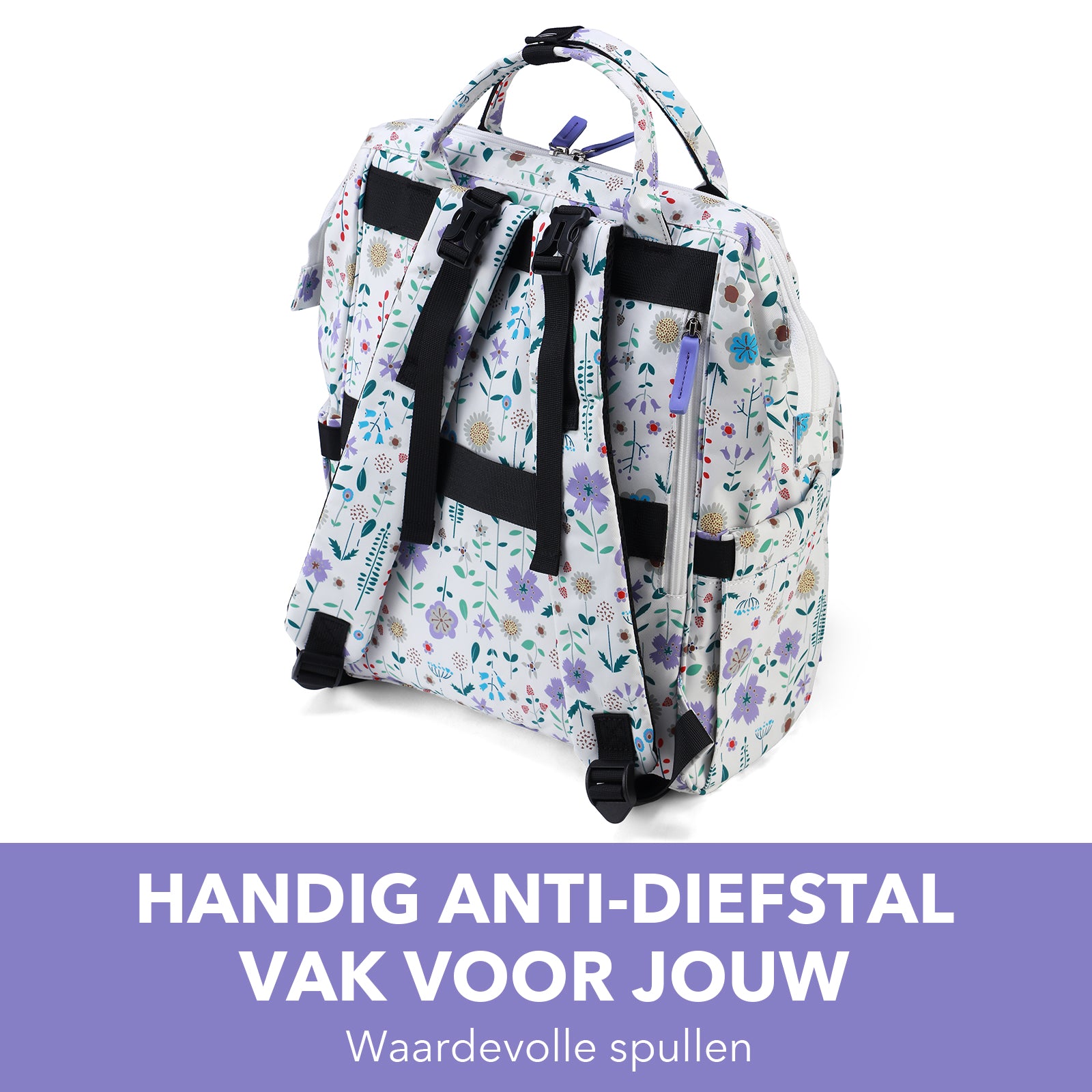 Stayopen luiertas purple flower - Verzorgingstas - stay-open frame - USB oplaadfunctie - incl. buggymontage en verschoonmat