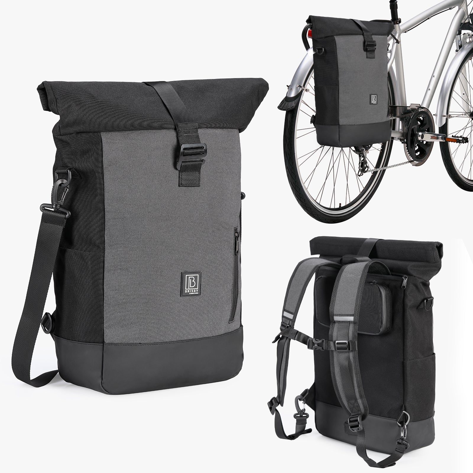 3 in 1 waterproof rolltop bicycle bag 20-26L black - 100% reflection - high visibility - bicycle bag - backpack - shoulder bag