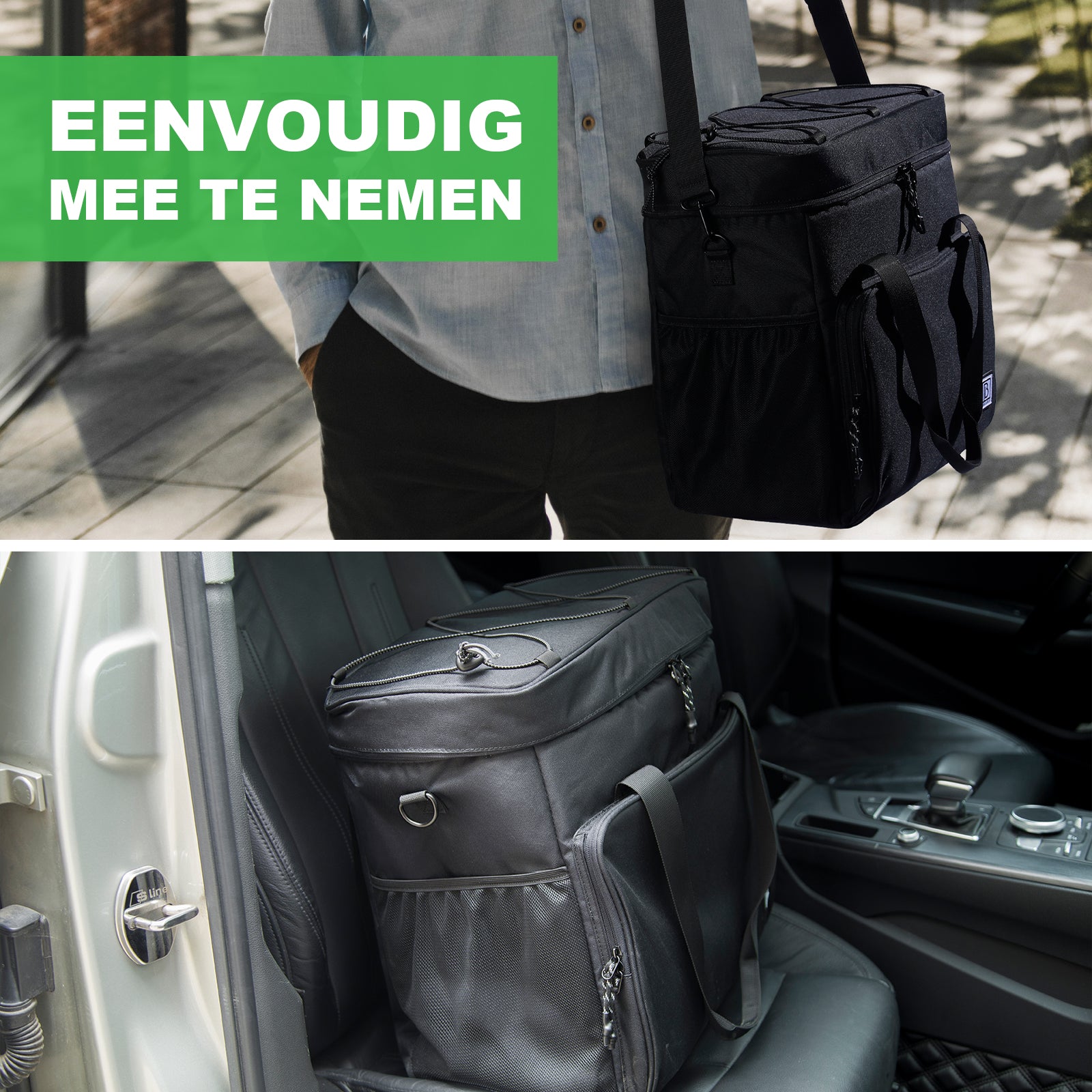 Cooler bag 40L black with gray interior - Lunch bag - 4-layer insulated - 6 free cooling elements - incl. shoulder strap