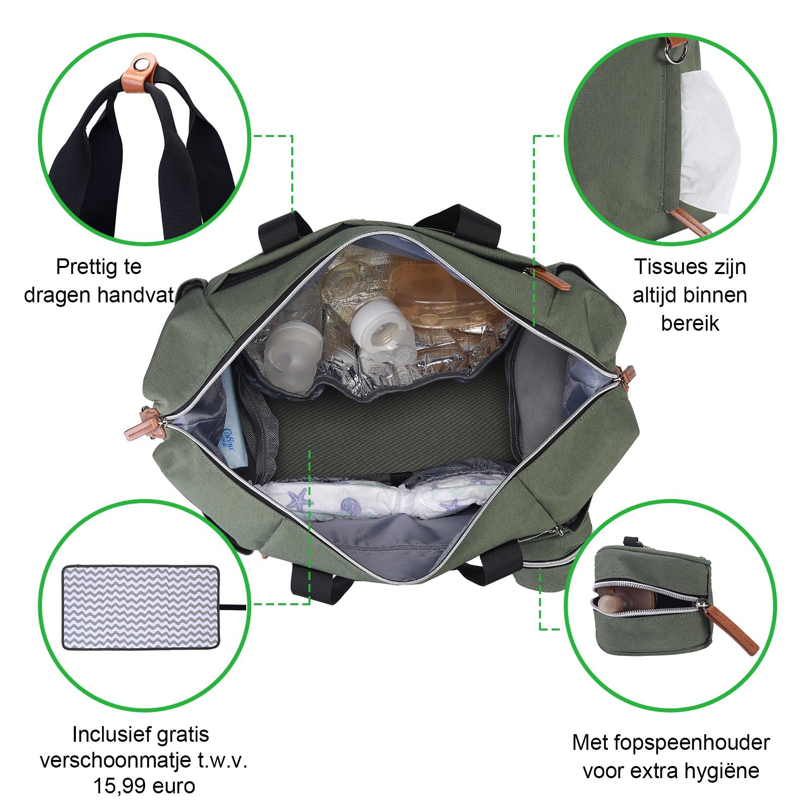 Brisby Wear-resistant Diaper Bag - Nursing Bag Large - Green - Including Changing Mat - Insulated Pockets - Pacifier Holder - Easy to Attach to the Stroller