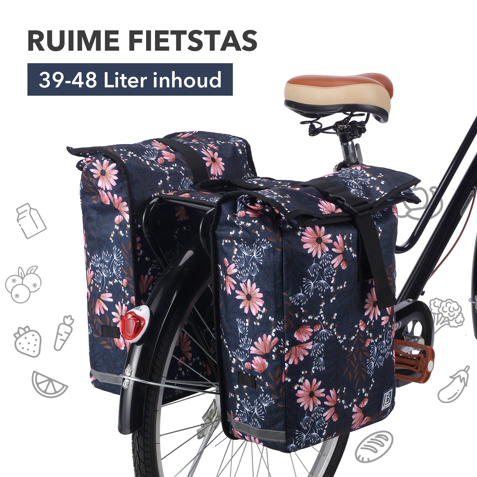 Brisby Dubbele Fietstas Rolltop Zwart 39-48L Waterdicht Geschikt voor Elektrische Fietsen & E-Bike - Japanese Flower