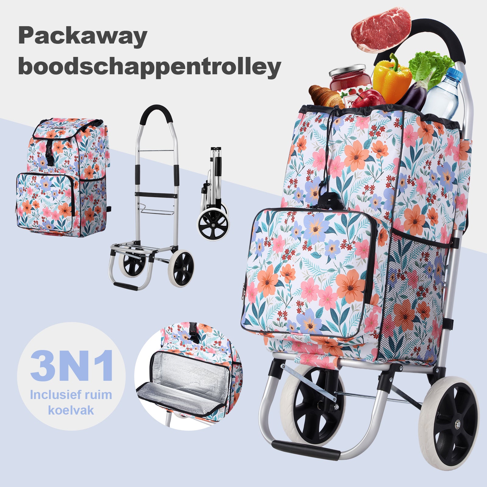 Packaway Boodschappentrolley 45L met Koelvak - Boodschappenwagen met Grote Wielen - Steekwagenfunctie - Waterafstotend - Pastel Blossom