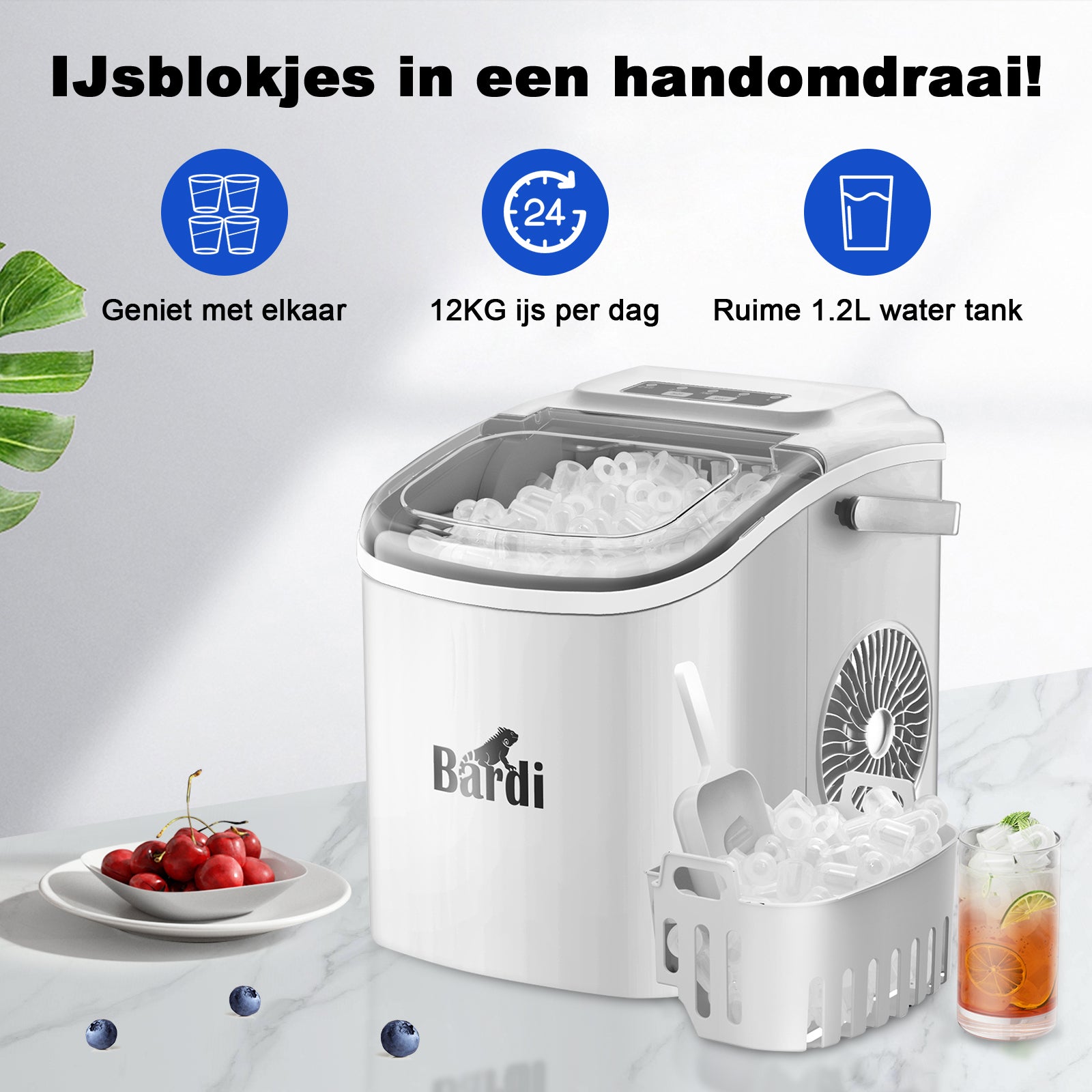 Bardi Deluxe Ice Cube Machine 1.2L white - Self-cleaning function - ice cube maker with ice scoop - Incl. luxury thermos cup and ice scoop