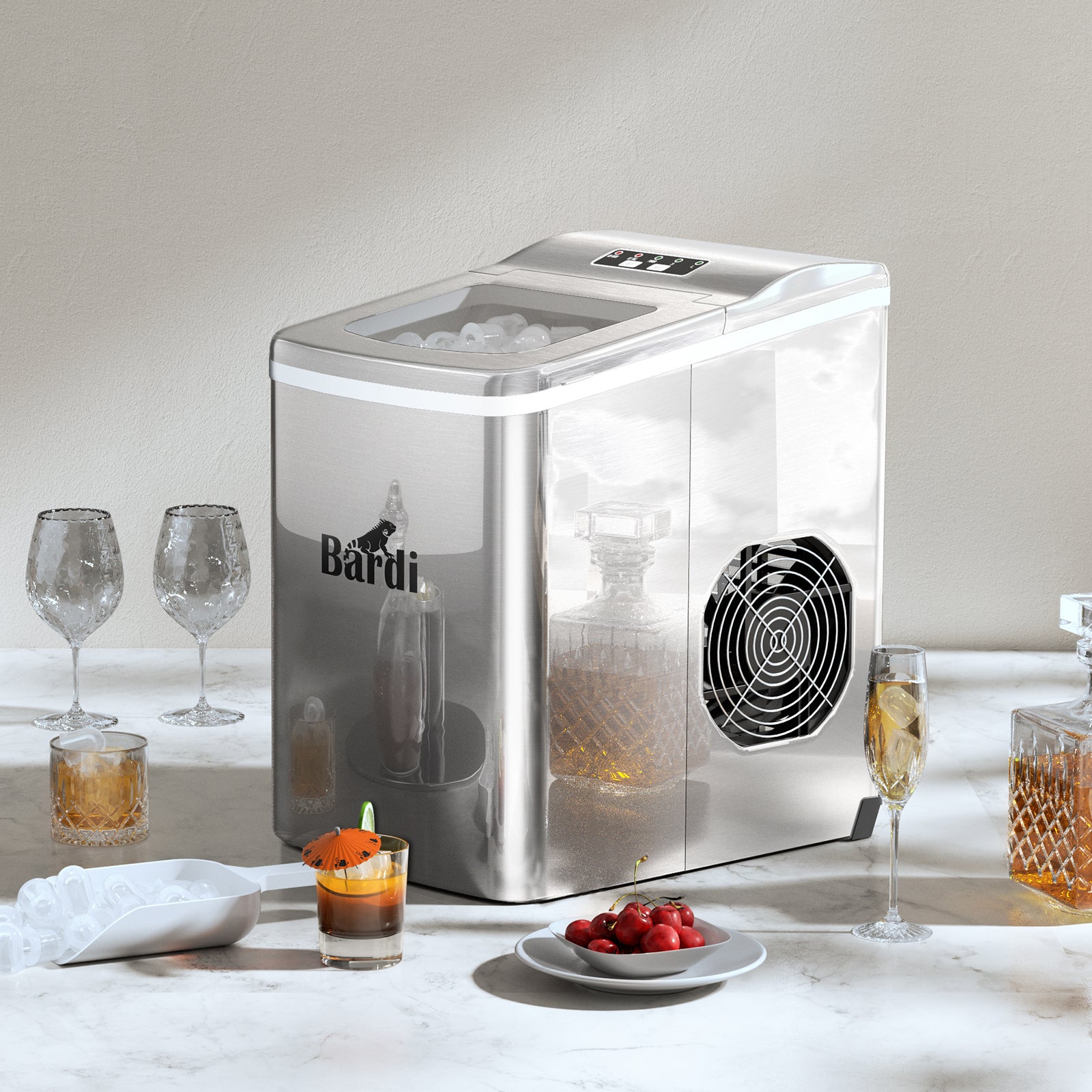 Bardi Deluxe Ice Cube Machine 2L Stainless Steel - Self-cleaning function - Ice cube maker with ice scoop - Incl. luxury thermos cup and ice scoop