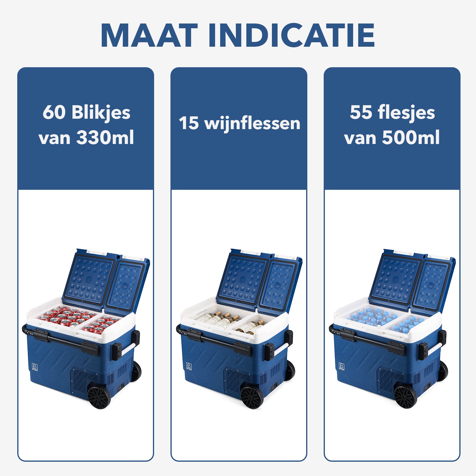 Compressor koelbox 49,1L en 8L koelbox blauw SET - Dual zone - koelen en vriezen - 12V en 230V - verrijdbaar - incl. 2x 1,2L thermosbekers