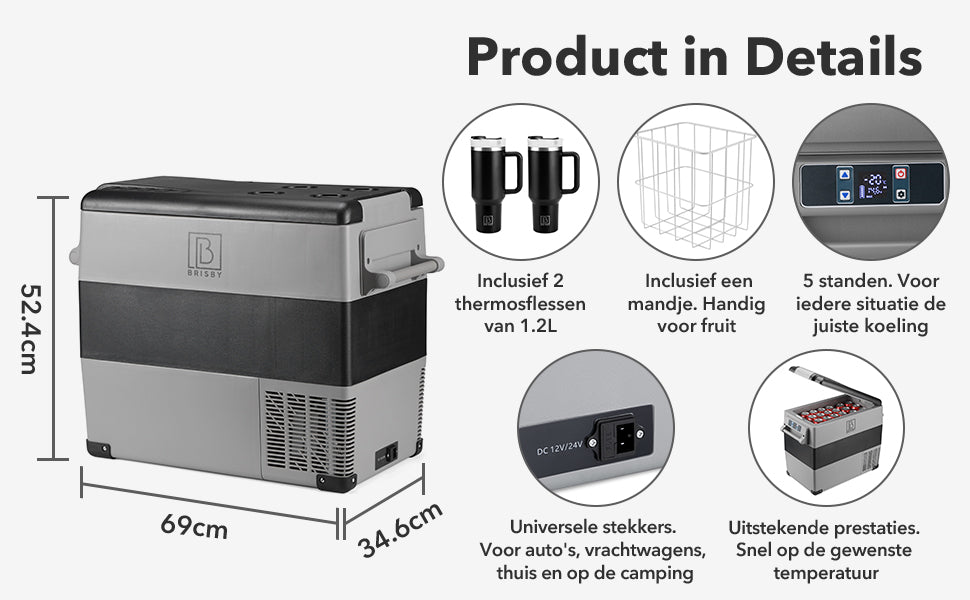 Compressor koelbox 49,5L - Dual zone - koelen en vriezen - 12V en 230V - incl. 2x 1,2L thermosbekers