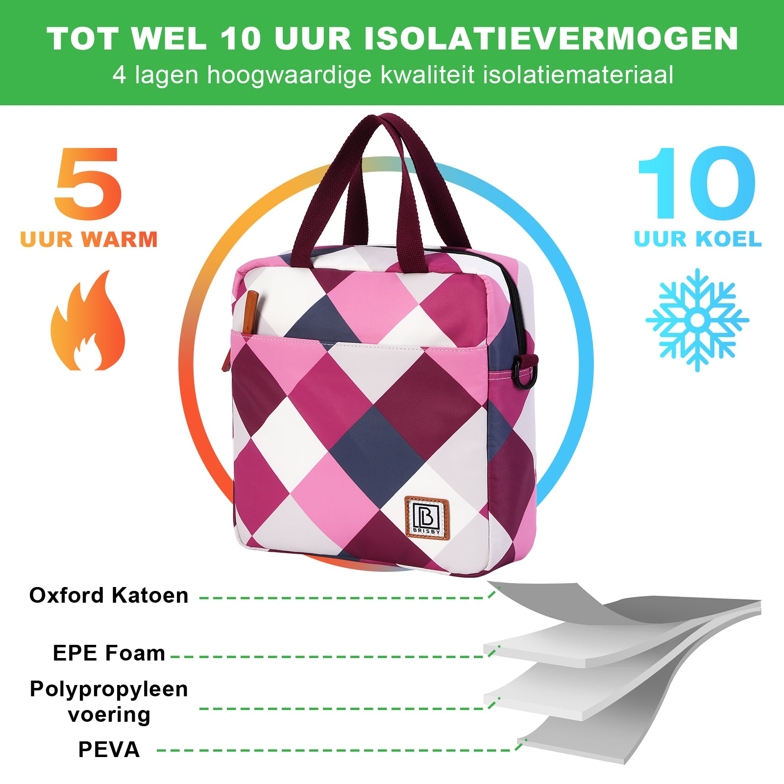 Koeltas 7L blok roze - Lunchtas - 4-laags geïsoleerd - 2 gratis koelelementen - incl. schouderband