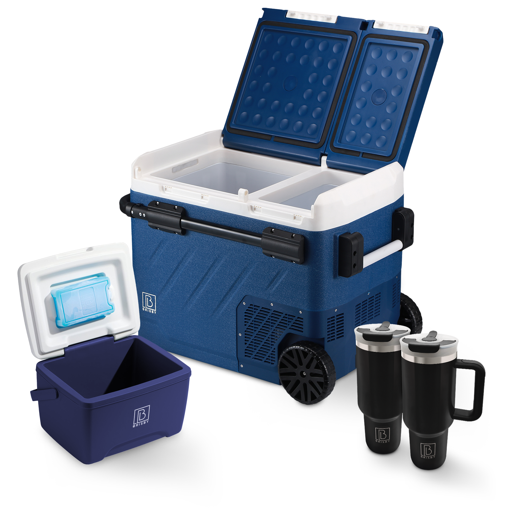 Compressor koelbox 49,1L en 8L koelbox blauw SET - Dual zone - koelen en vriezen - 12V en 230V - verrijdbaar - incl. 2x 1,2L thermosbekers