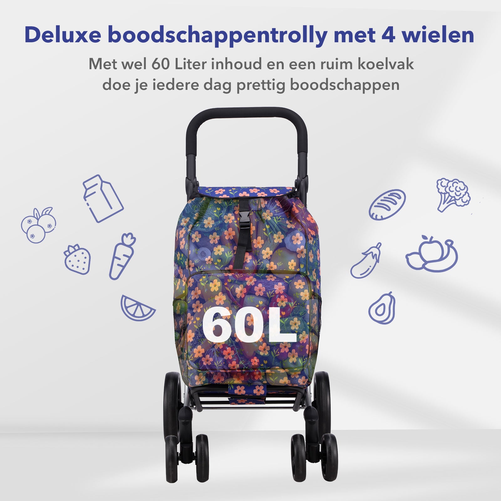 Packaway Boodschappentrolley met 4 wielen - boodschappenwagen deluxe met koelvak en verstelbaar handvat – 60 liter – Blue Blossom