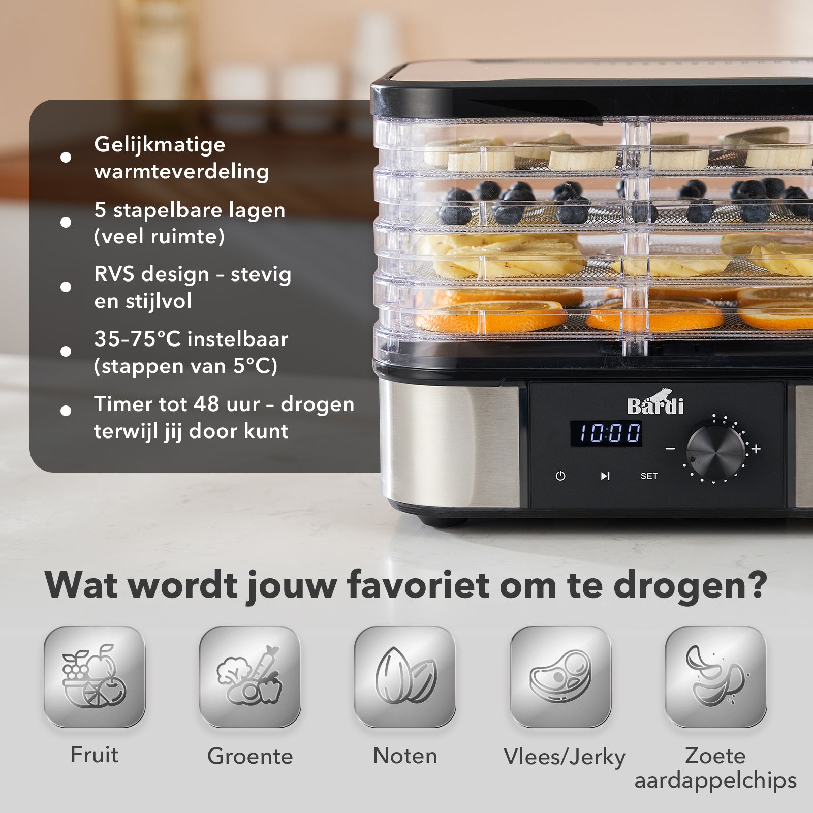 Bardi Voedseldroger 5-laags 350W RVS - 24-uurs timer - led-bedieningspaneel - incl. 5 inlegvellen en voedseltang