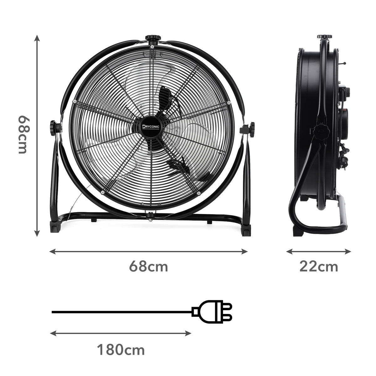 Dryconic 500mm. Professionele Ventilator met Beugel 360 Graden Draaibaar met 3 Snelheden en Ophangsysteem Voor Wandmontage