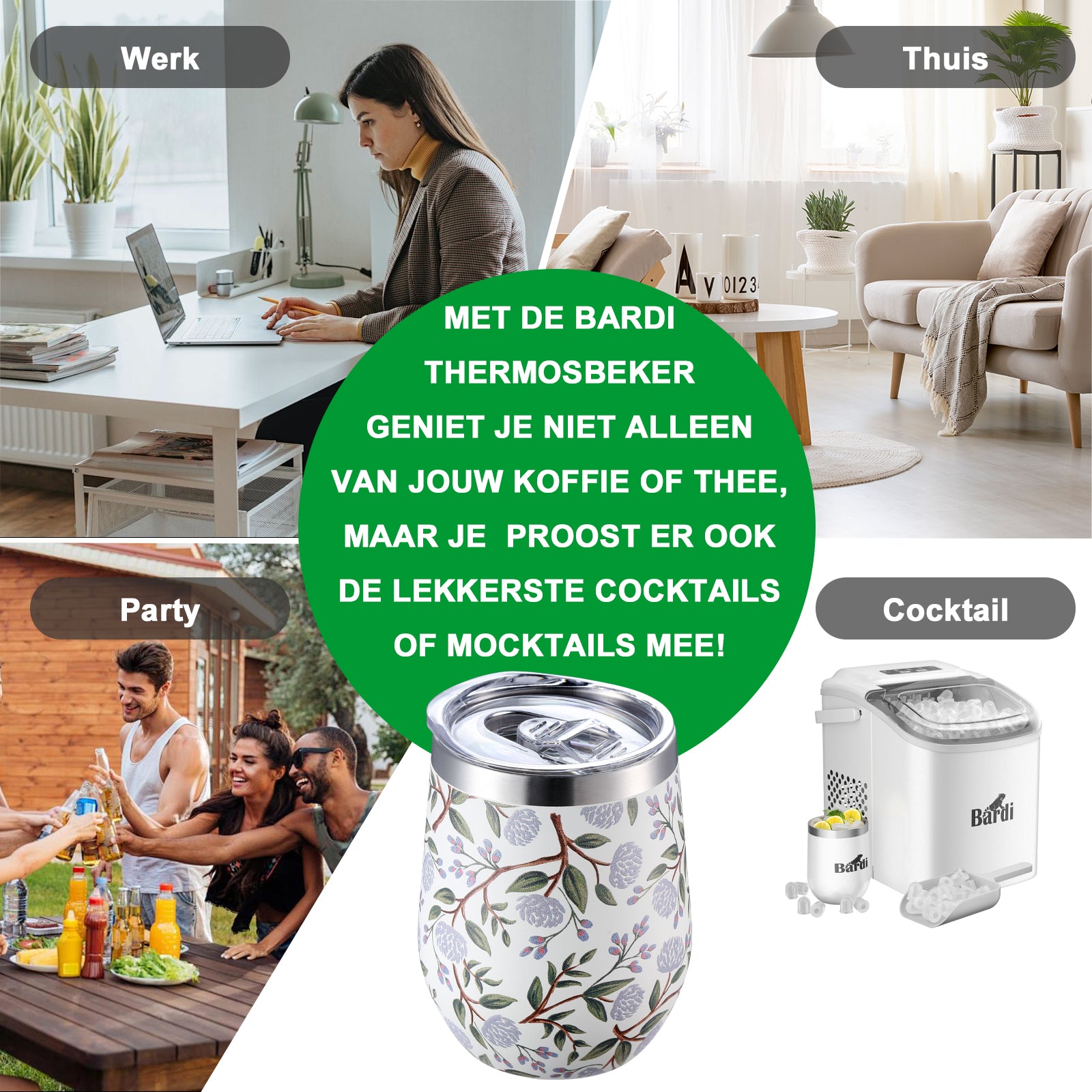 Bardi Thermosbekers 0,3L RVS white flower set - incl. deksels - dubbelwandig