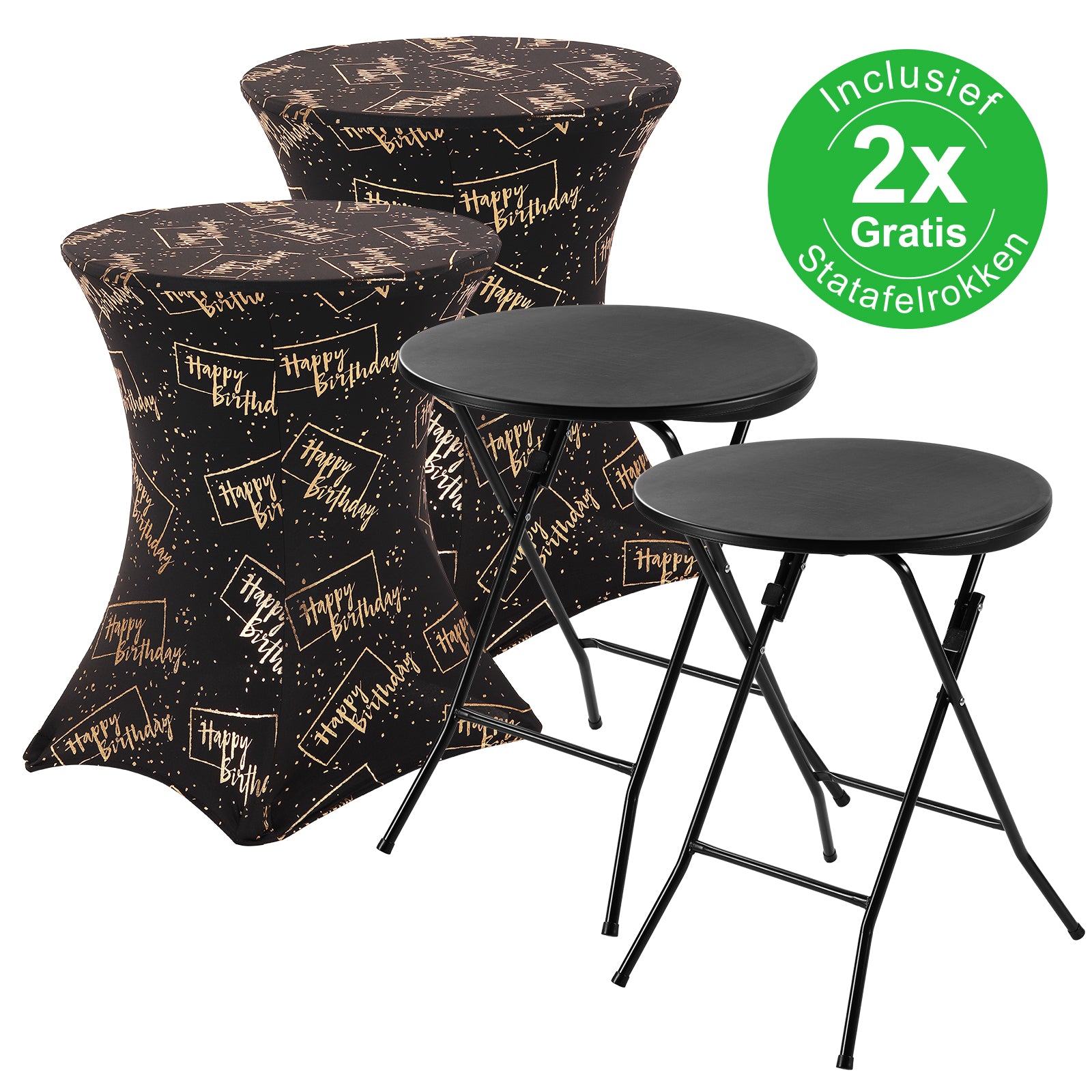 Bardi 2 x Salontafel - Bijzettafel Inklapbaar 60 x 74cm - Zwart inclusief Happy Birthday Rokken