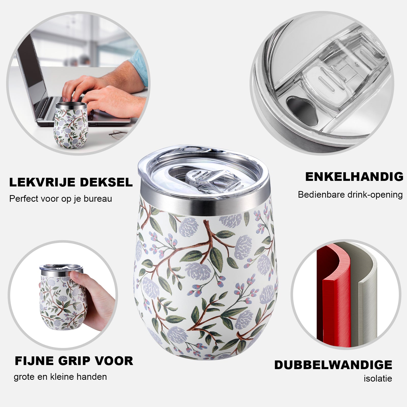 Bardi Thermosbekers 0,3L RVS white flower set - incl. deksels - dubbelwandig