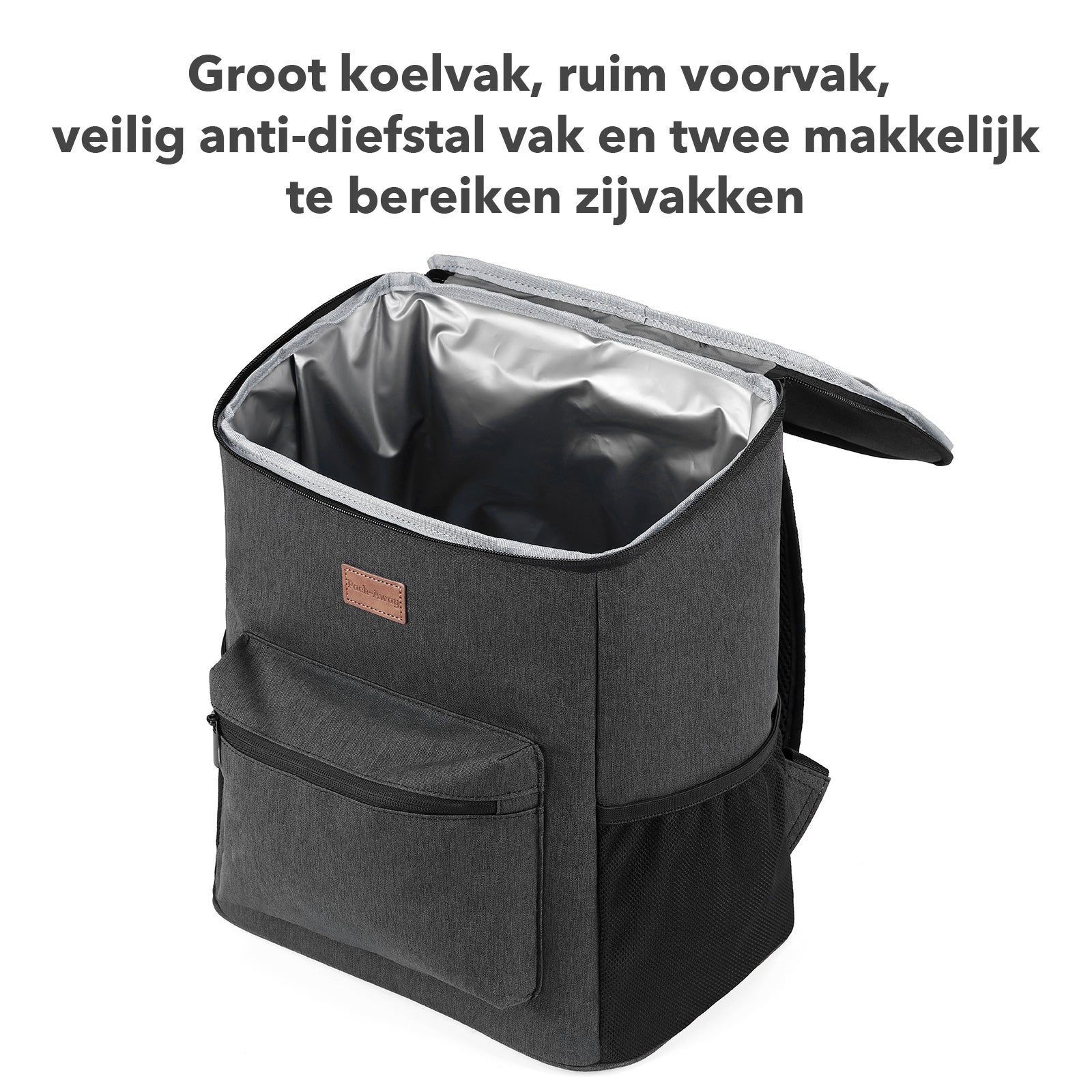 Koeltas rugzak 25L grijs - Waterafstotend - anti diefstal vak - 4 laags geïsoleerd - Incl. 2 gratis koelelementen en gratis flessenopener