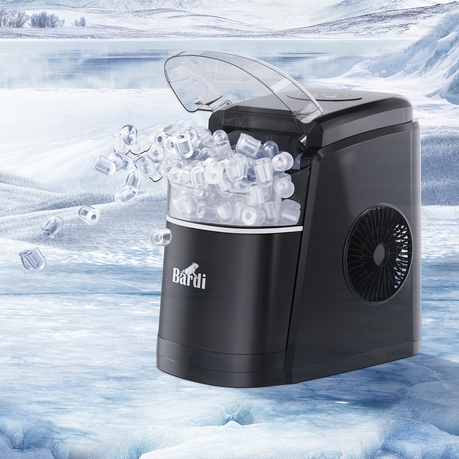 Bardi Deluxe Ice Cube Machine 1.6L black - Self-cleaning function - ice cube maker with ice scoop - Incl. luxury thermos cup and ice scoop