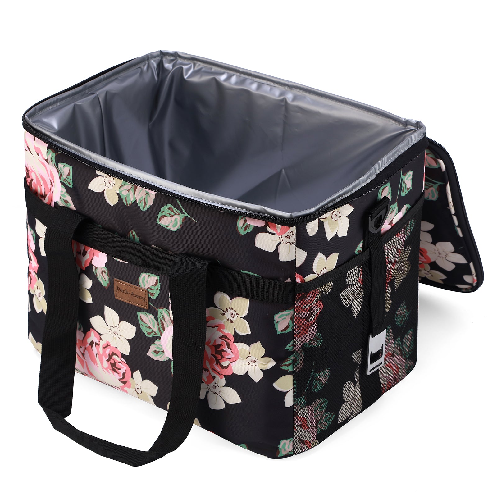 Cooler bag 30L black flower - lunch bag - foldable - 4-layer insulated - incl. 4 free cooling elements and carrying strap