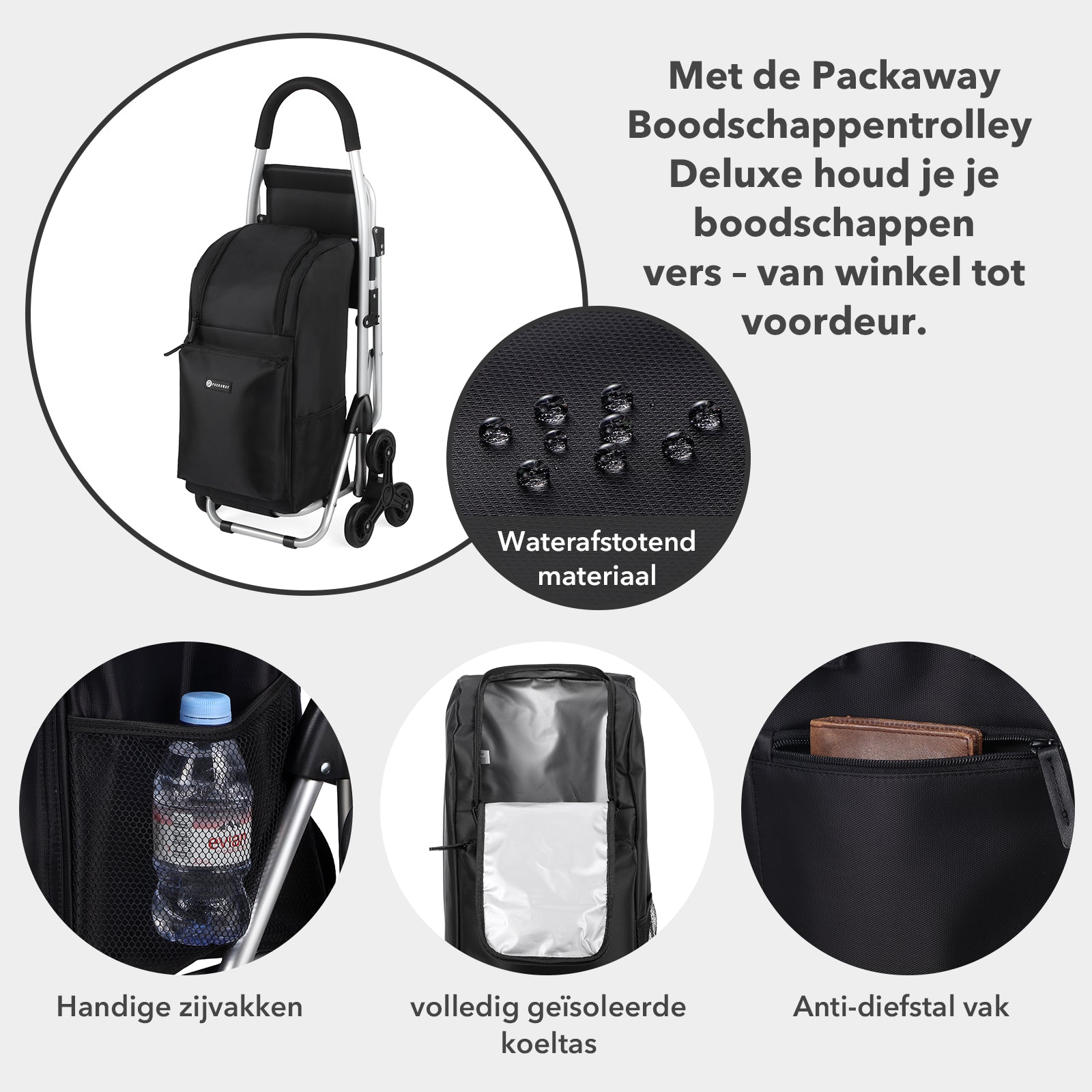 Packaway 35L Boodschappentrolley met 6 Wielen voor Trappen - Klapstoel Functie - Steekwagen Functie - Geïsoleerd - Afneembare Rugzak - Zwart