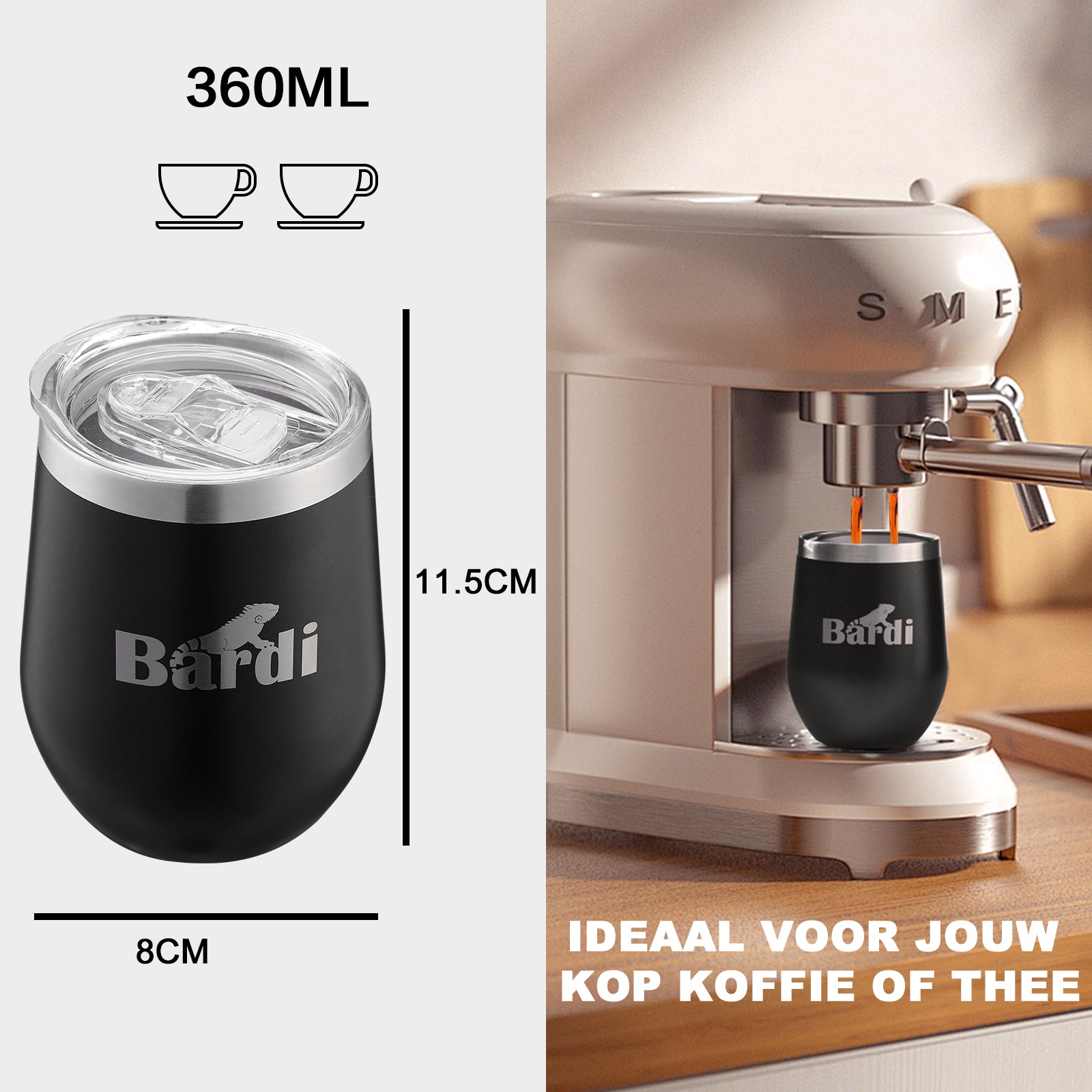 Bardi Thermosbekers 0,3L RVS zwart set - incl. deksels - dubbelwandig