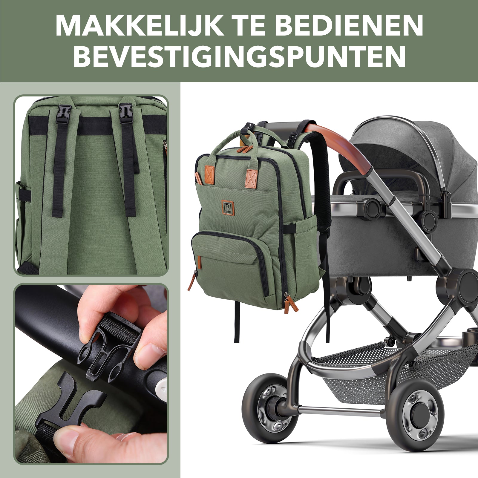 Original durable diaper bag green - nursing bag - incl. buggy assembly and changing mat