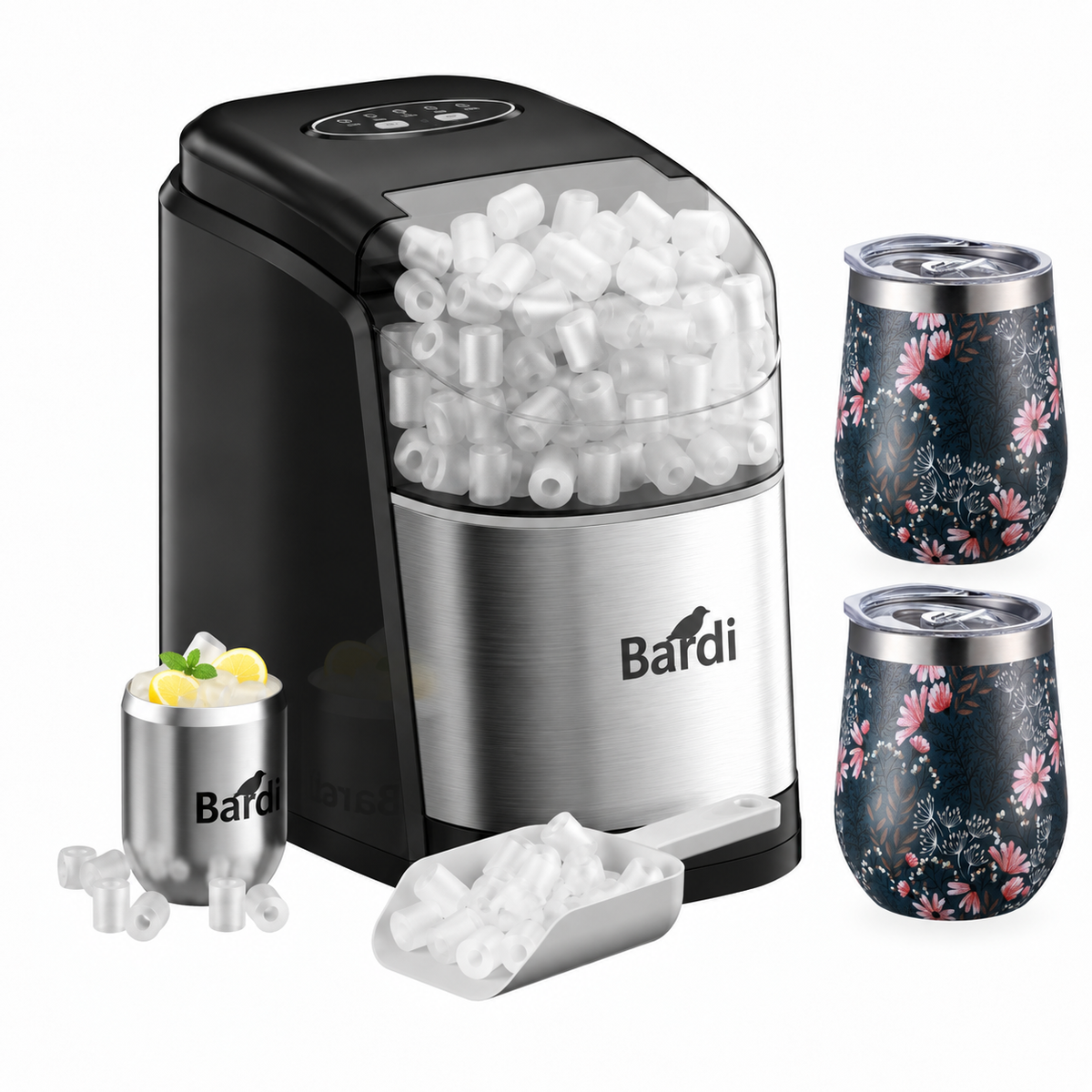 Bardi IJsblokjesmachine set 1,6L RVS - incl. 3 thermoscups japanese flower en ijsschep
