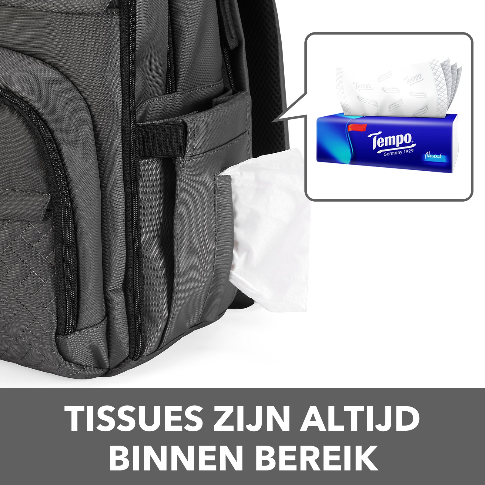 Premium luiertas donkergrijs - uitgebreide en functionele verzorgingstas - met buggymontage - anti diefstal vakken - reistrolley sleeve - incl. verschoonmatje en speenhouder - levenslange garantie