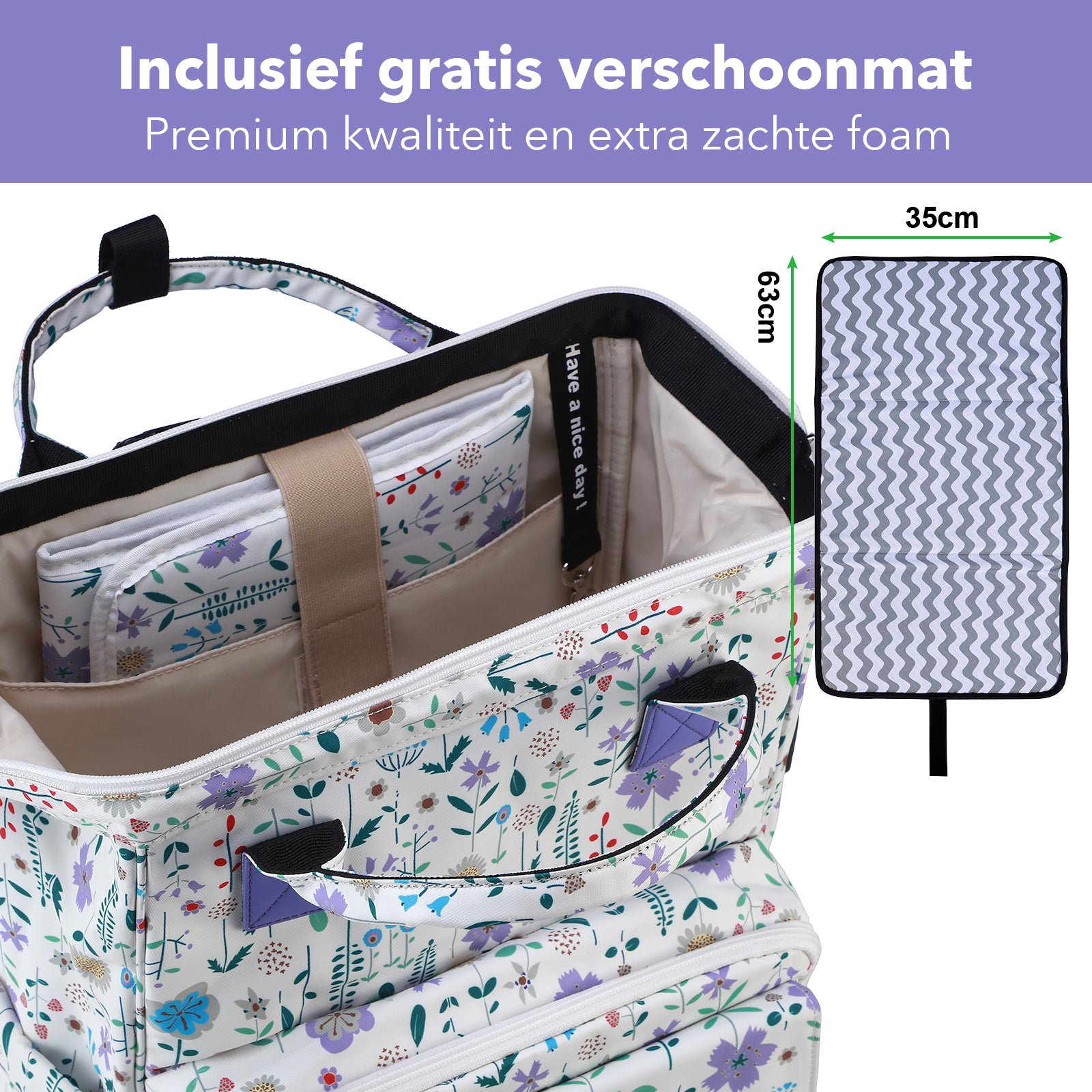 Stayopen luiertas purple flower - Verzorgingstas - stay-open frame - USB oplaadfunctie - incl. buggymontage en verschoonmat
