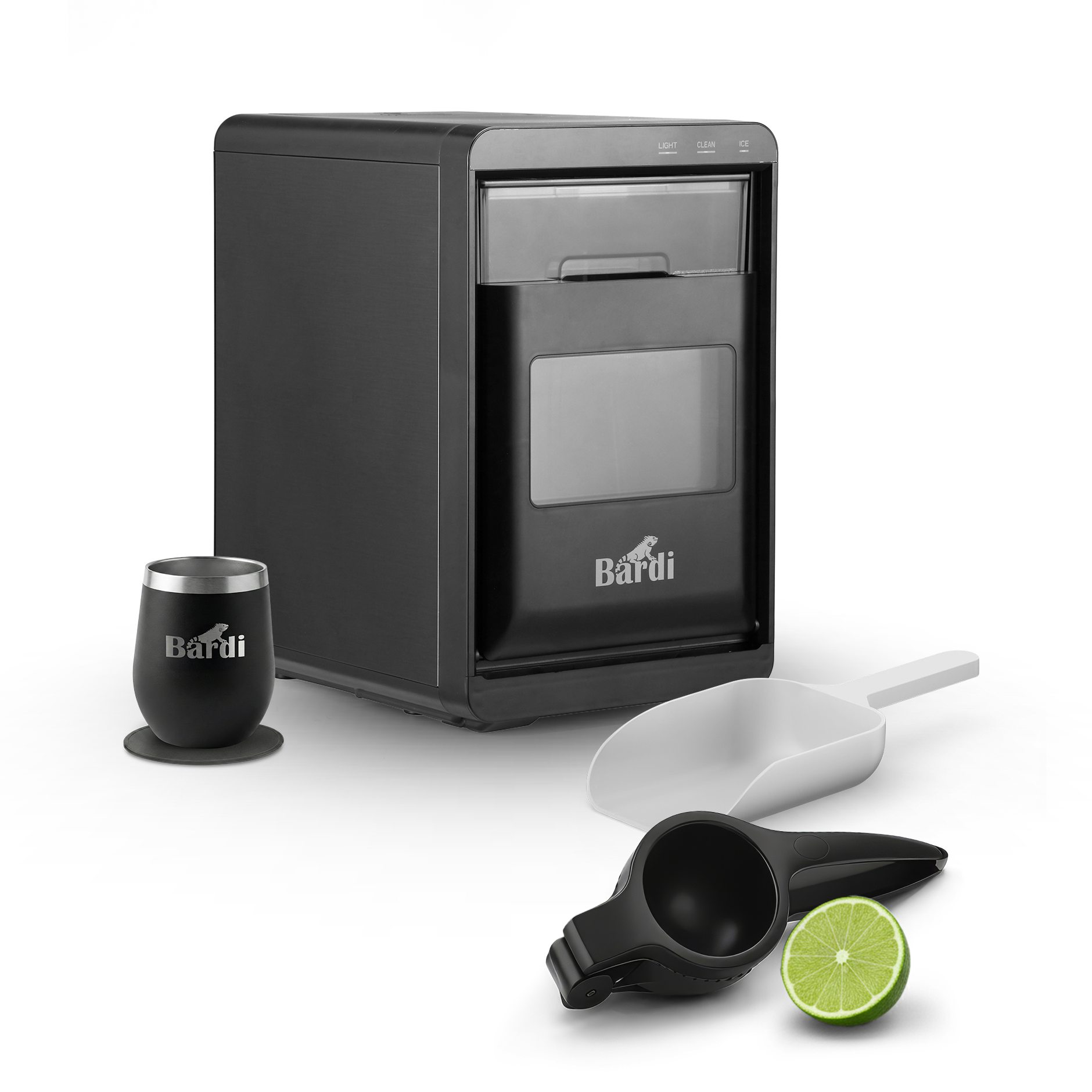 Bardi 1,8L Deluxe IJsblokjesmachine - Crushed ICE machine - Nugget IJsblokjesmachine - LED Verlichting - 20Kg/24 uur. inclusief Thermosbeker - ZWART met citruspers Zwart