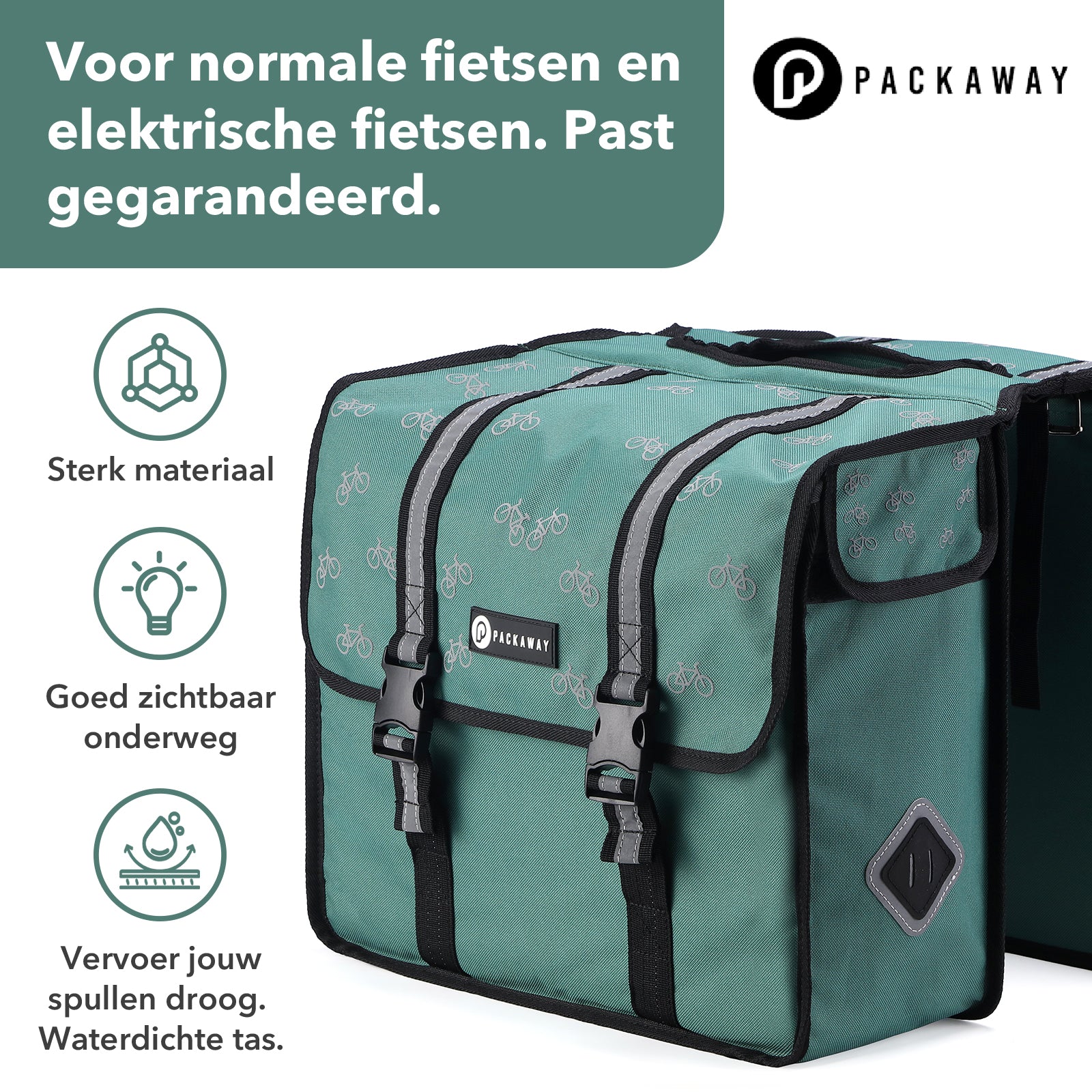 Packaway Dubbele Fietstassen 36L patroon zwart groen - waterdicht - reflectie