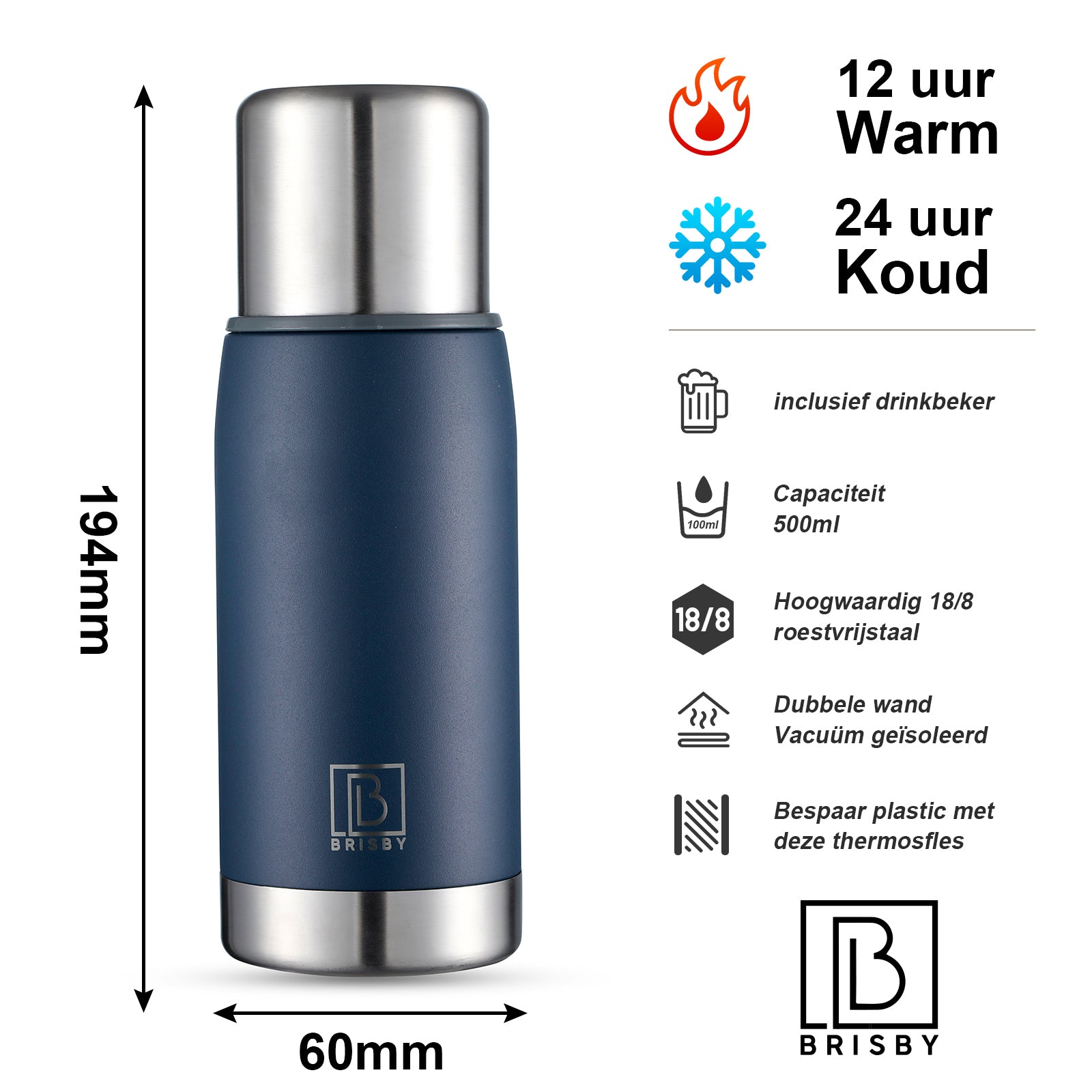 Brisby Stainless Steel Thermos Flask 500ml Blue - Thermos Cup - Thermos Jug - Insulated Flask - BPA Free - 24 Hours Cold - 12 Hours Hot