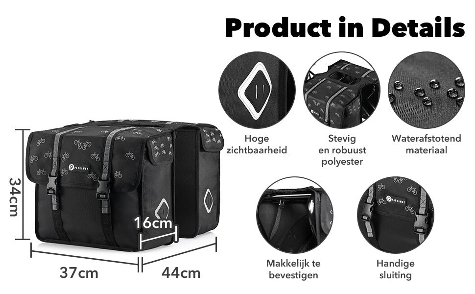 Packaway Double Panniers - Waterproof Panniers Electric Bike - Reflective - Bike Pattern Black 36 Liters