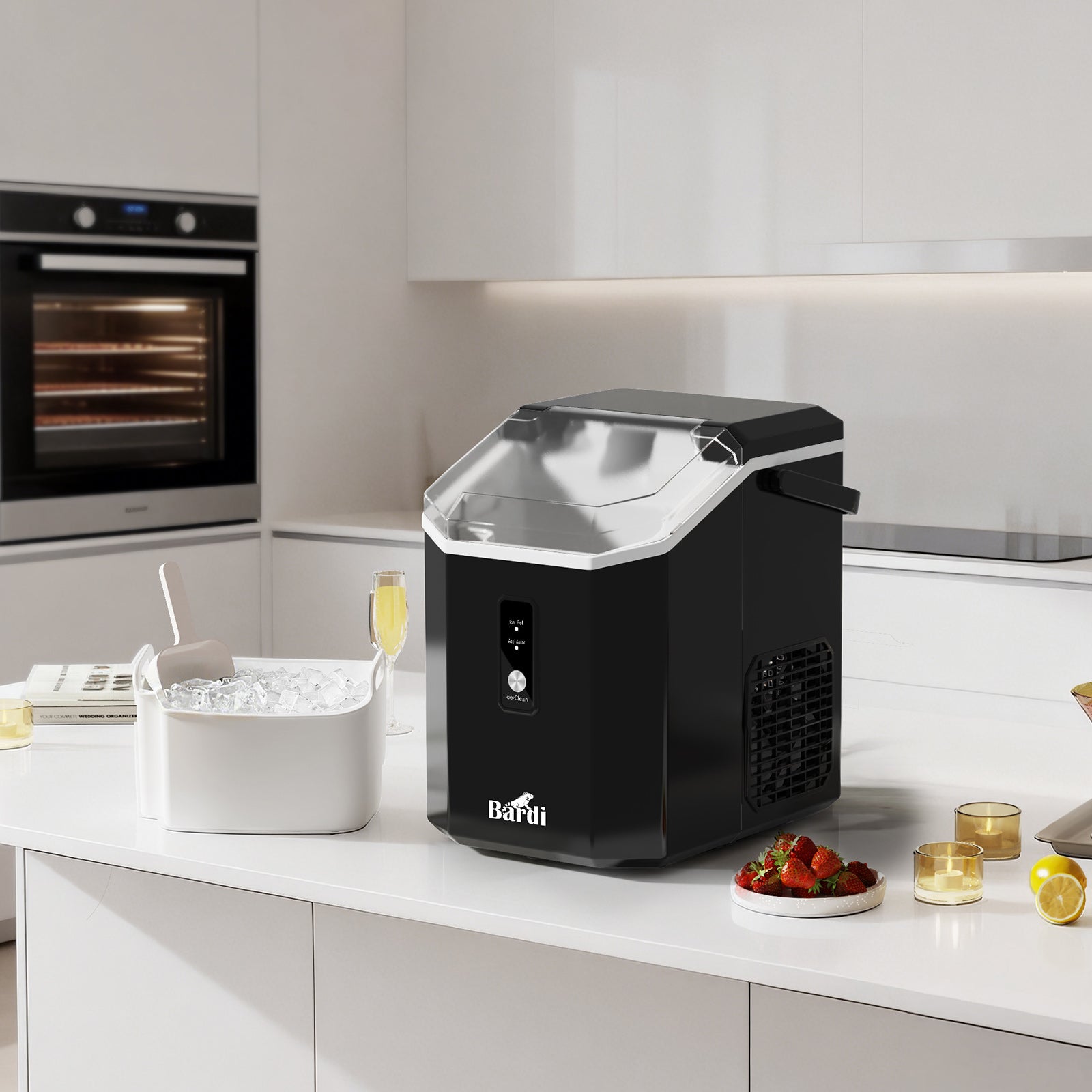 Bardi 1.1L - Nugget IJsblokjesmachine Square - Crushed Ice Maker met IJsschep - 15kg/24 uur - Ijsblokjesmaker - Met Luxe Thermosbeker - Zwart met citruspers zwart