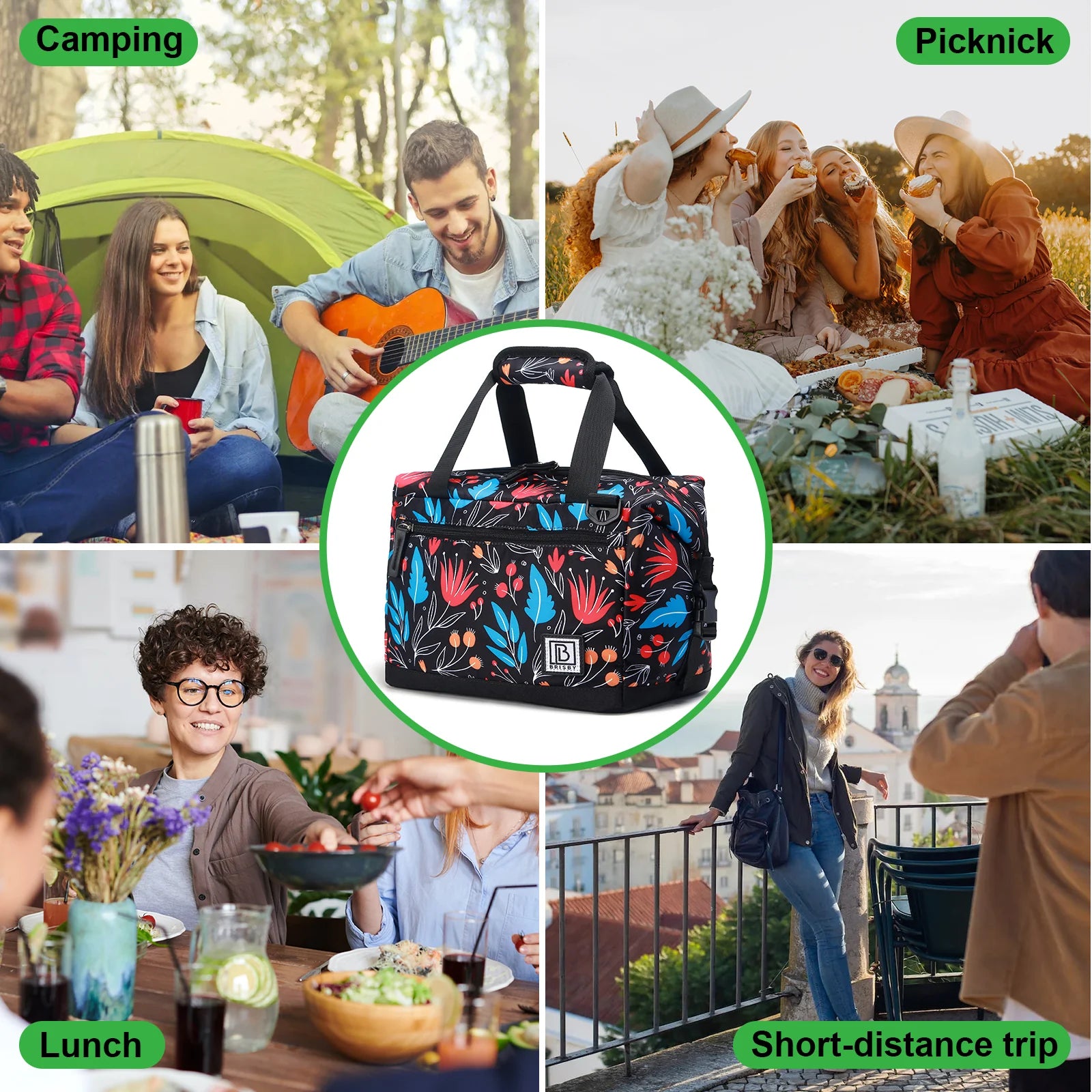 Cooler bag 12L night flower - Lunch bag - 4-layer insulated - extra space foldable - 2 free cooling elements - incl. shoulder strap