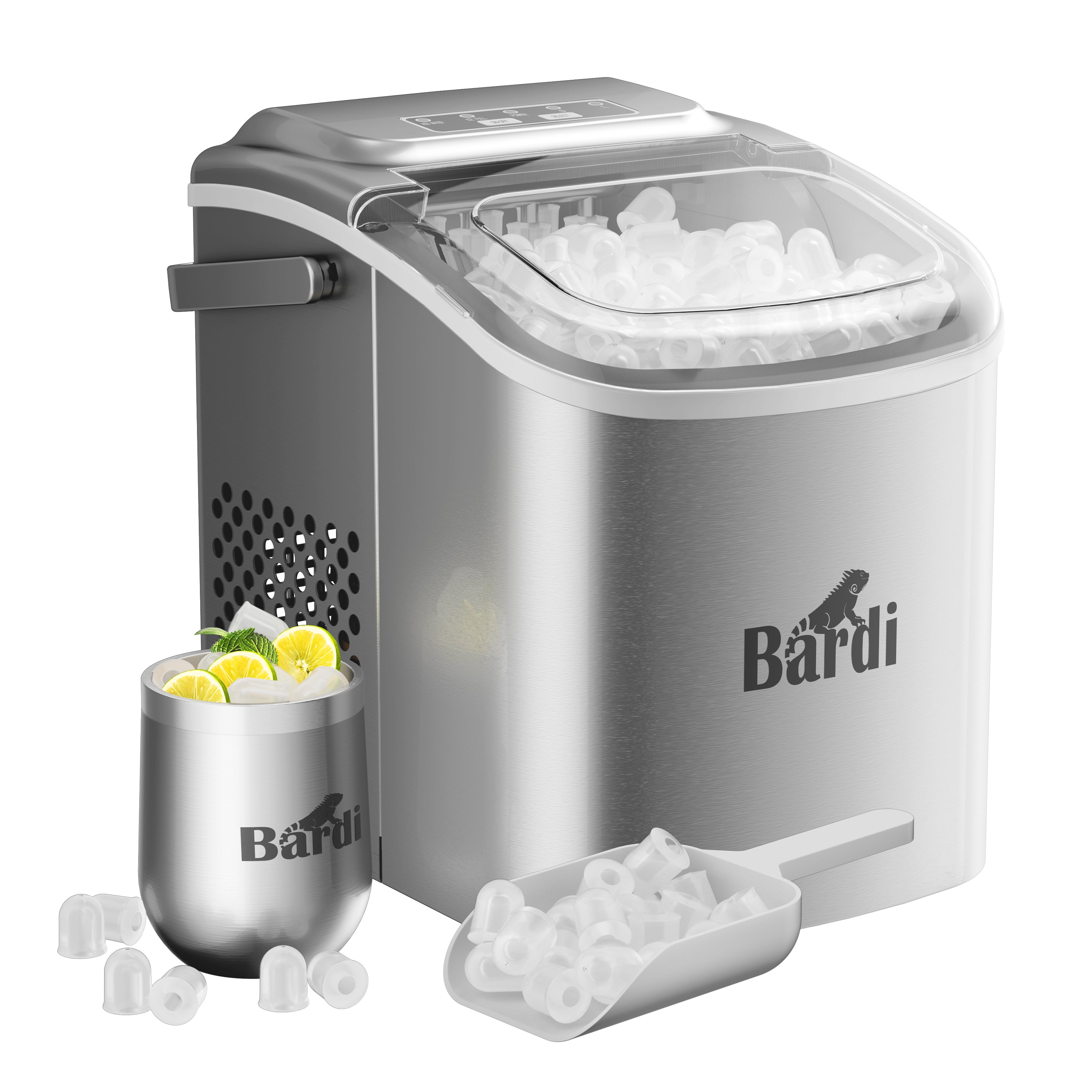 Bardi Deluxe Ice Cube Machine 1.2L Stainless Steel - Self-cleaning function - Ice cube maker with ice scoop - Incl. luxury thermos cup and ice scoop