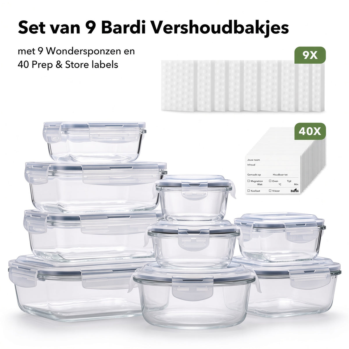 Bardi Glazen Vershoudbakjes 9-delig – Meal Prep Bakjes – Luchtdicht & Lekvrij – Oven, Magnetron & Vriezer – 9 Wondersponzen + 40 Prep & Store Labels