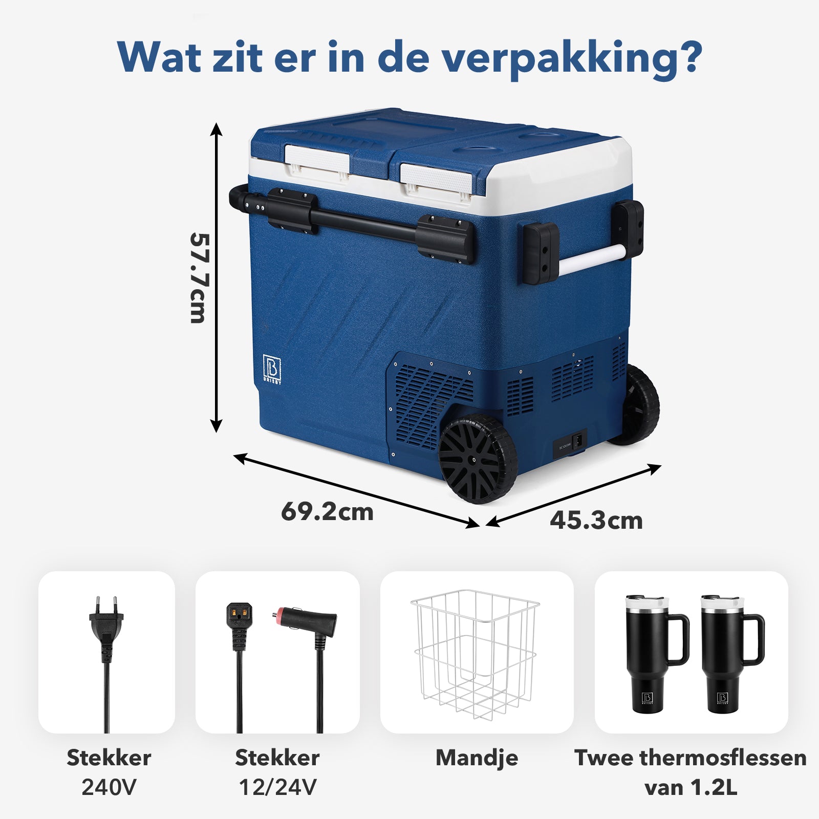 Compressor koelbox 58,1L - Koelen en vriezen - 12V en 230V - verrijdbaar - incl. 2x 1,2L thermosbekers