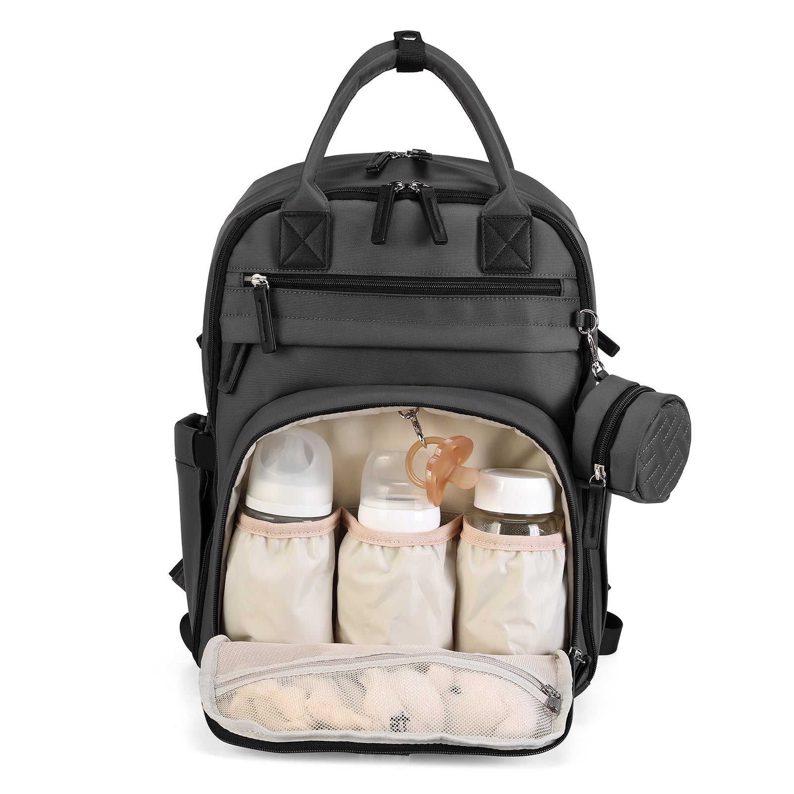 Premium luiertas donkergrijs - uitgebreide en functionele verzorgingstas - met buggymontage - anti diefstal vakken - reistrolley sleeve - incl. verschoonmatje en speenhouder - levenslange garantie