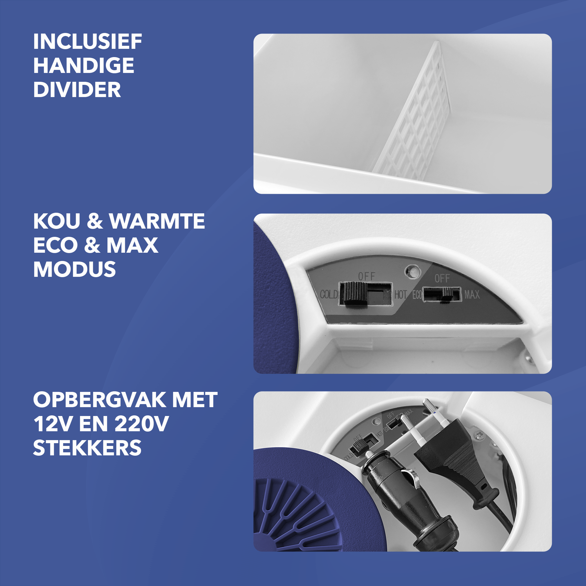 Elektrische koelbox 40L blauw SET - Incl. 8L passieve koelbox - incl. divider en koelelementen - AC/DC 12V, 220/230V