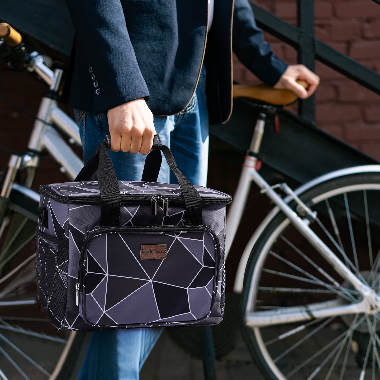 Cooler bag 15L abstract grey and black - lunch bag - 4-layer insulated - foldable - incl. 2 free cooling elements and carrying strap