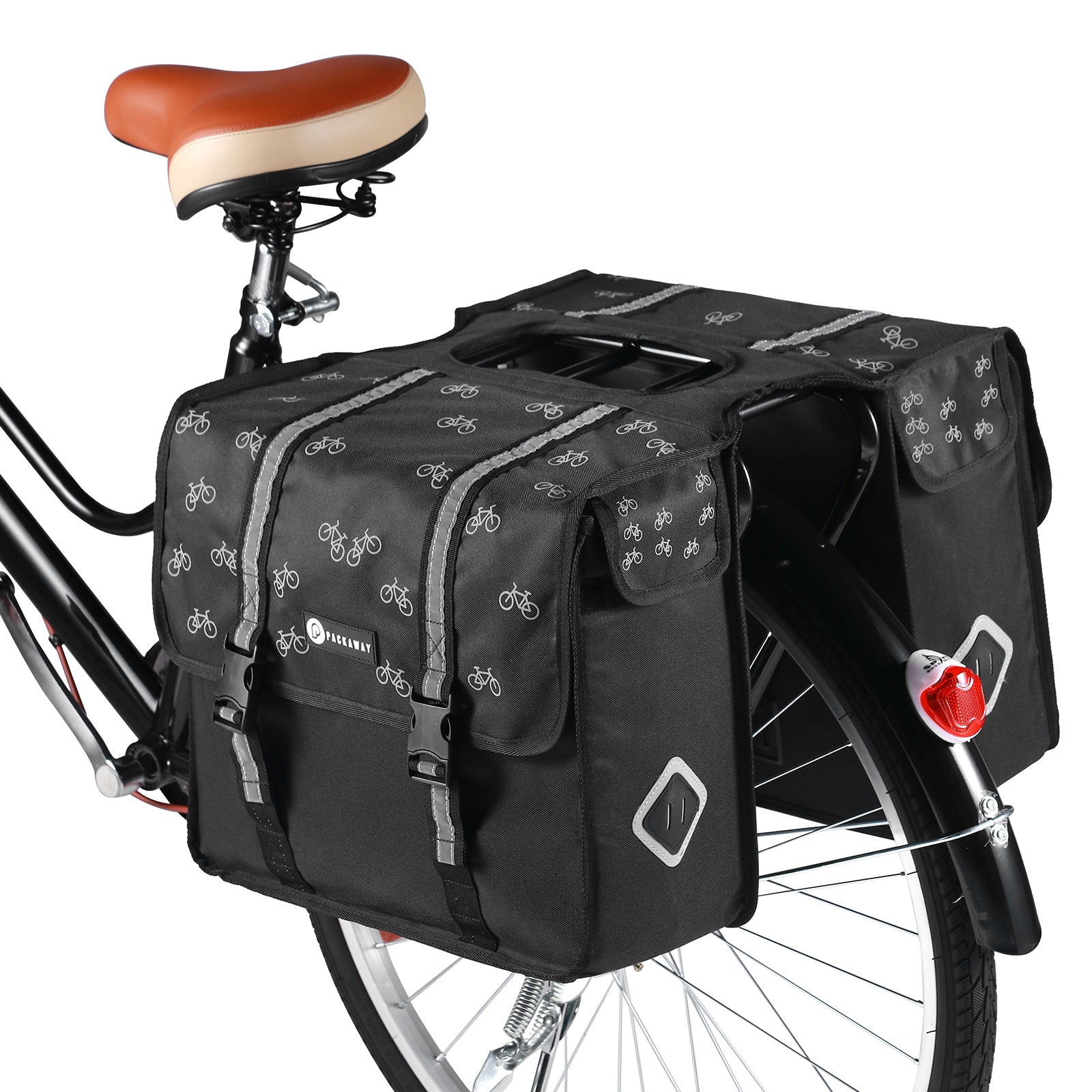 Packaway Double Panniers with Cooler Compartment - Removable Cooler Bag - Waterproof - Bicycle Pattern - 36L - Black