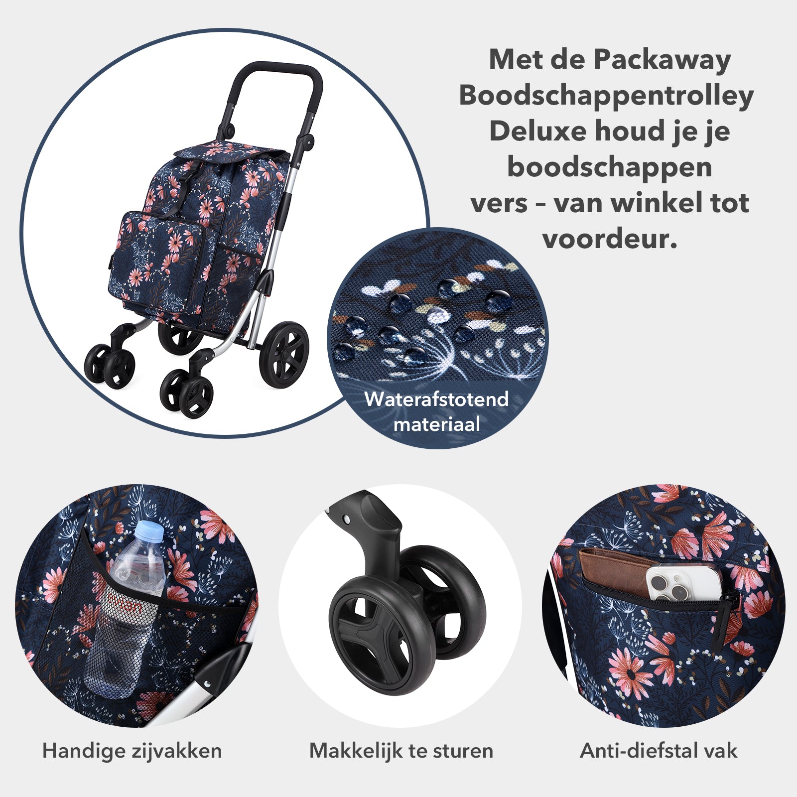 Packaway Boodschappentrolley met 4 wielen - boodschappenwagen deluxe met koelvak en verstelbaar handvat – 60 liter – Japanese Flower