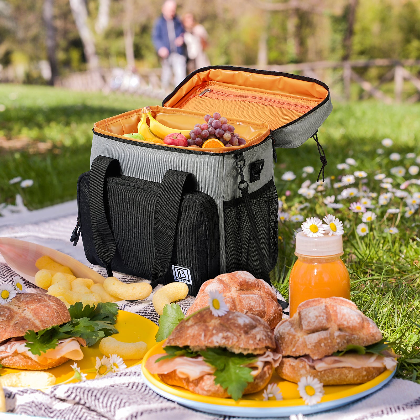 Cooler bag 15L black gray with orange inside - Lunch bag - 4-layer insulated - 2 free cooling elements - incl. shoulder strap
