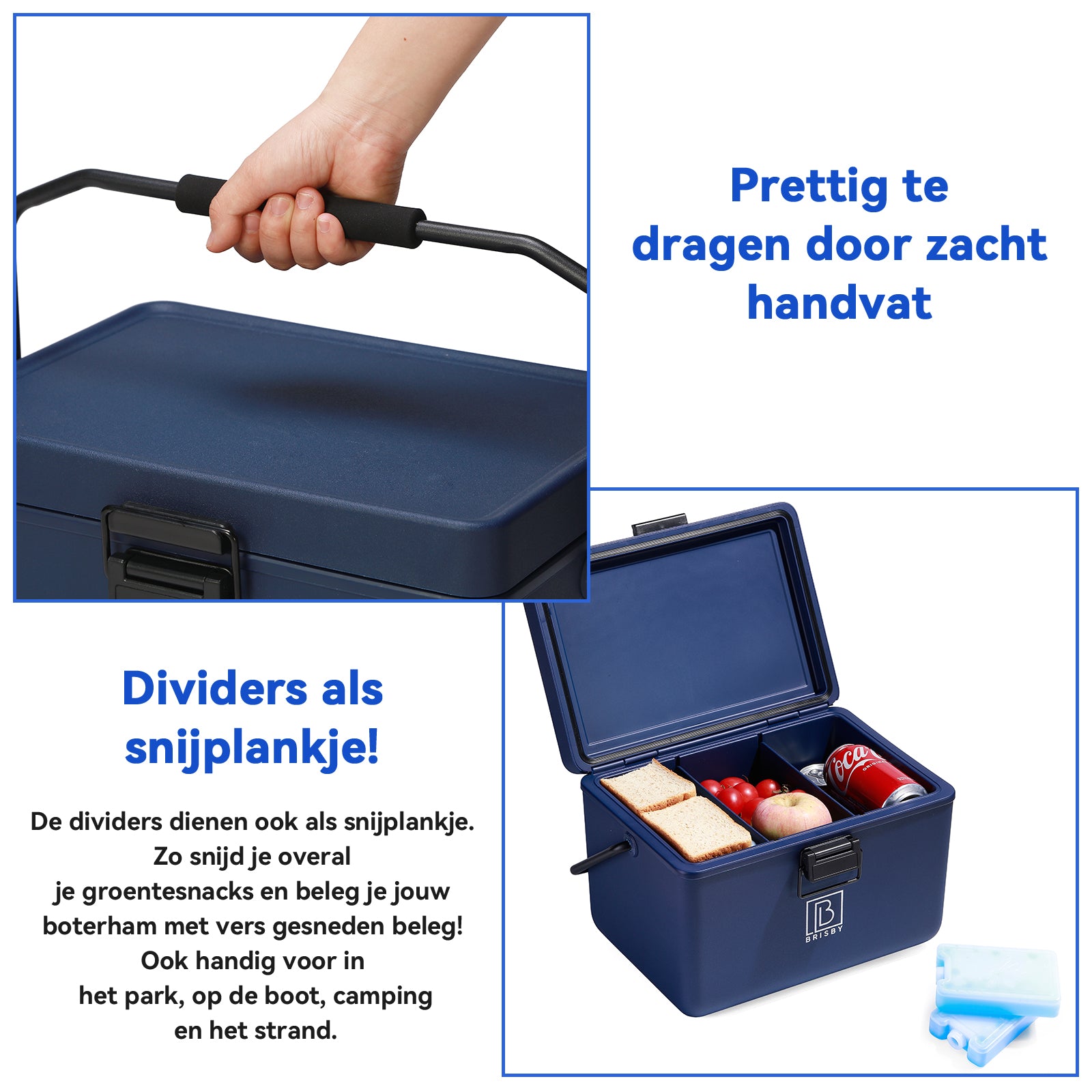 Koelbox 12L met handvat blauw - Dividers - snijplanken - tot maximaal 40 uur isolatie - incl. 2 koelelementen van 200ml