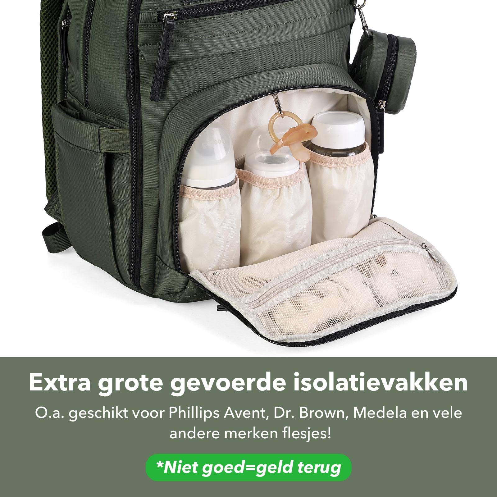 Premium luiertas groen - uitgebreide en functionele verzorgingstas - met buggymontage - anti diefstal vakken - reistrolley sleeve - incl. verschoonmatje en speenhouder - levenslange garantie