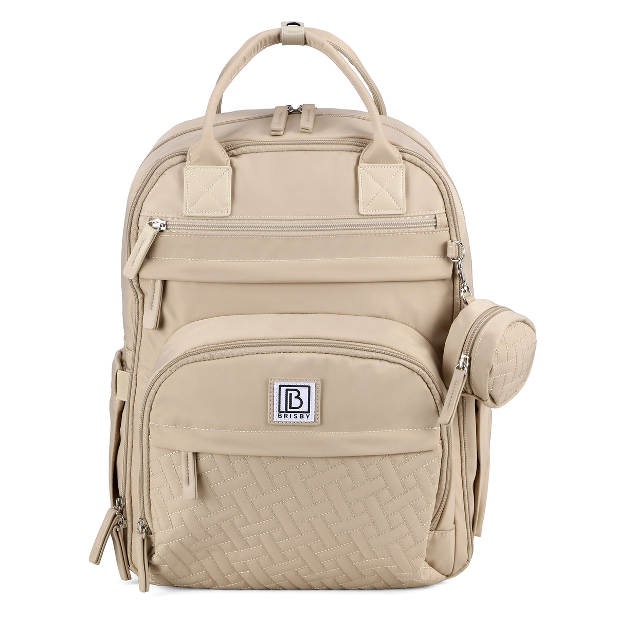 Brisby Premium Luiertas – Uitgebreide en Functionele Verzorgingstas – met buggymontage – Anti Diefstal Vakken - Reistrolley Sleeve - Inclusief verschoonmatje t.w.v.15,99 euro en speenhouder - Levenslange Garantie - Natural Champagne