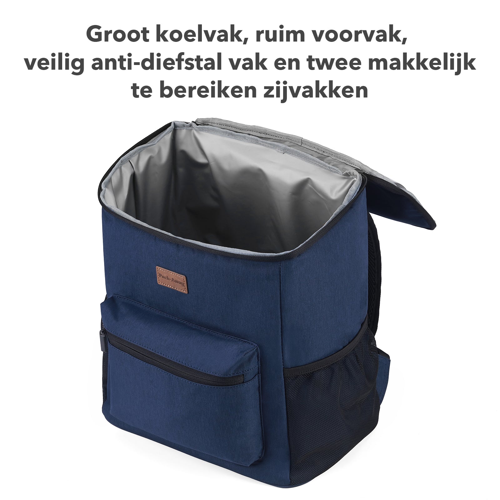 Koeltas rugzak 25L blauw - Waterafstotend - anti diefstal vak - 4 laags geïsoleerd - Incl. 2 gratis koelelementen en gratis flessenopener